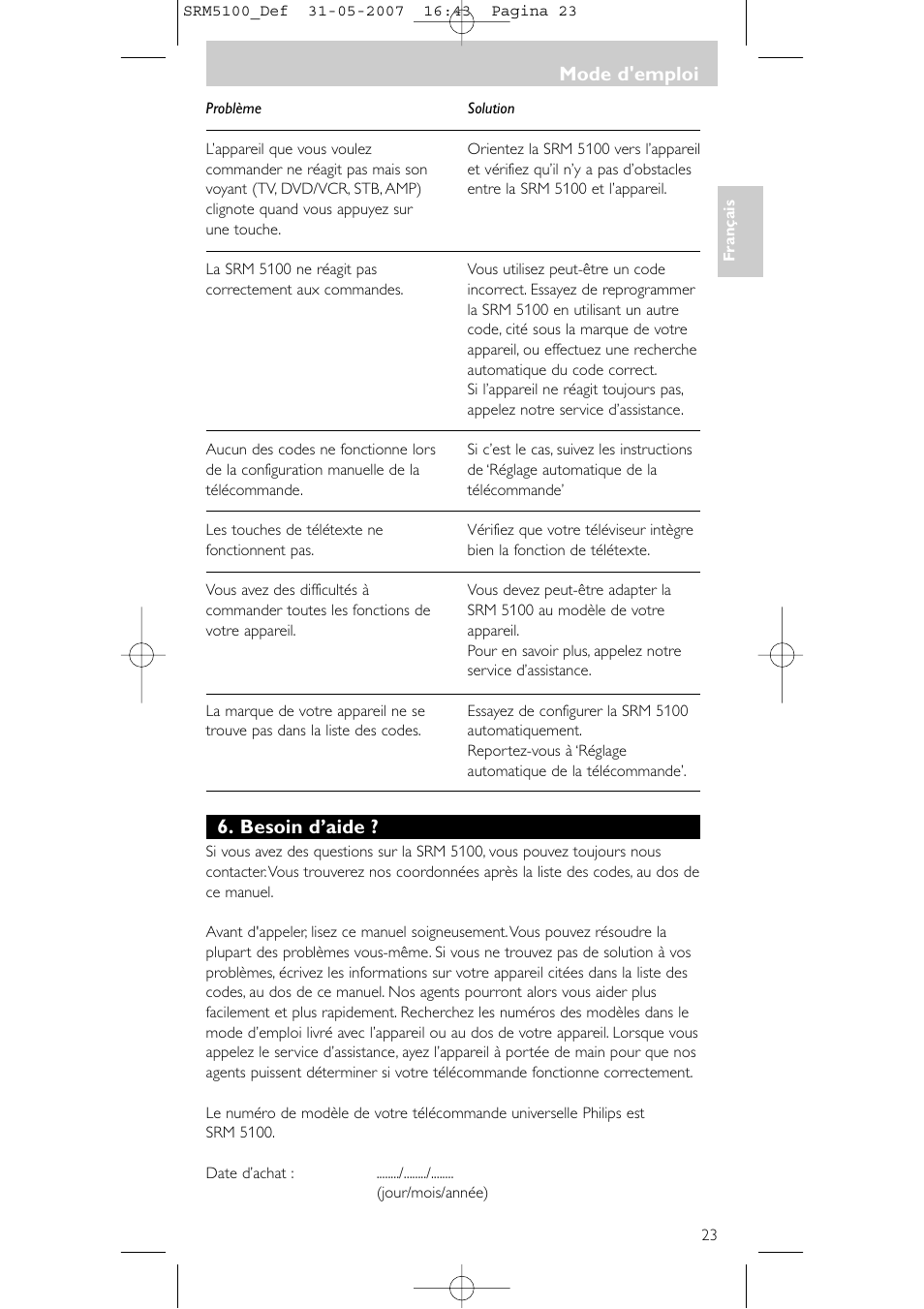 Mode d'emploi, Besoin d’aide | Philips SRM5100 User Manual | Page 23 / 144