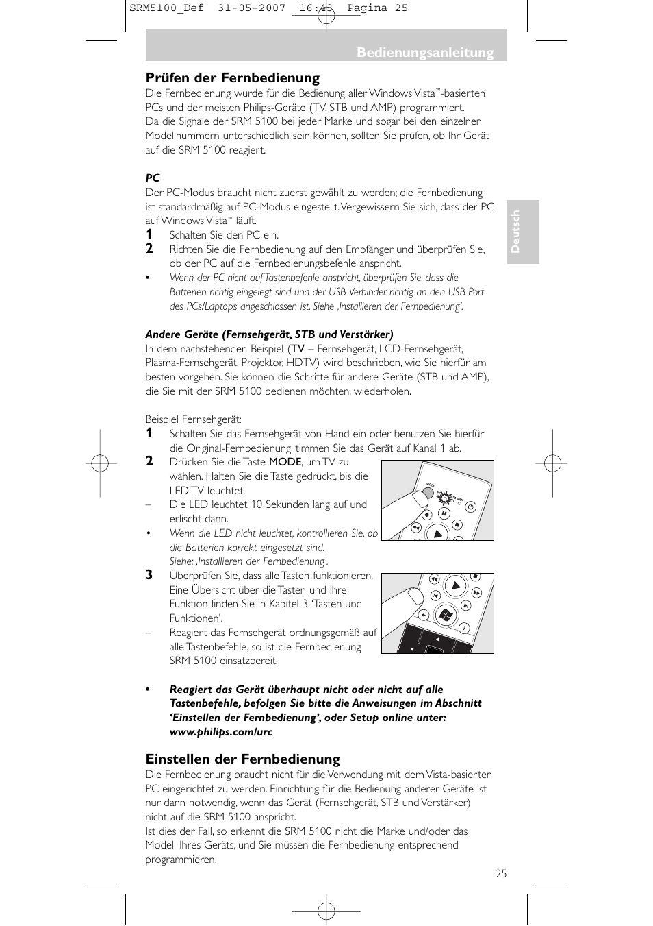 Prüfen der fernbedienung, Einstellen der fernbedienung, Bedienungsanleitung | Philips SRM5100 User Manual | Page 25 / 144