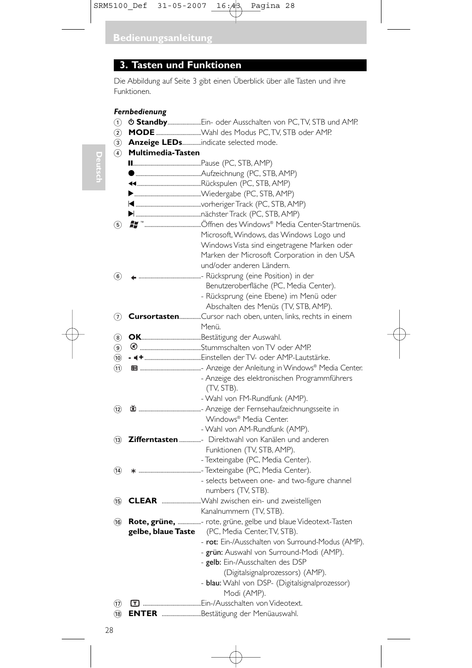 Tasten und funktionen, Bedienungsanleitung | Philips SRM5100 User Manual | Page 28 / 144