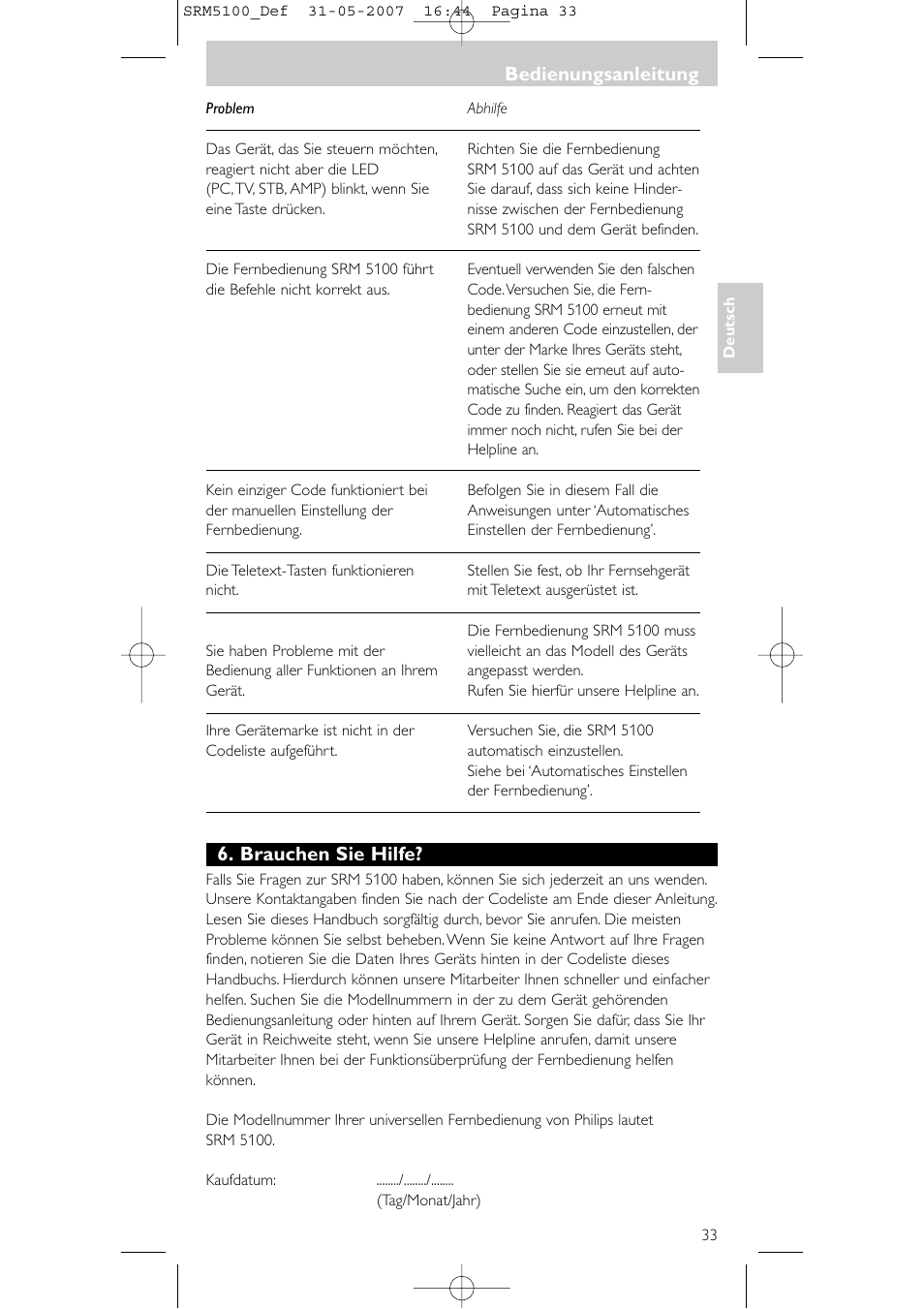 Bedienungsanleitung, Brauchen sie hilfe | Philips SRM5100 User Manual | Page 33 / 144