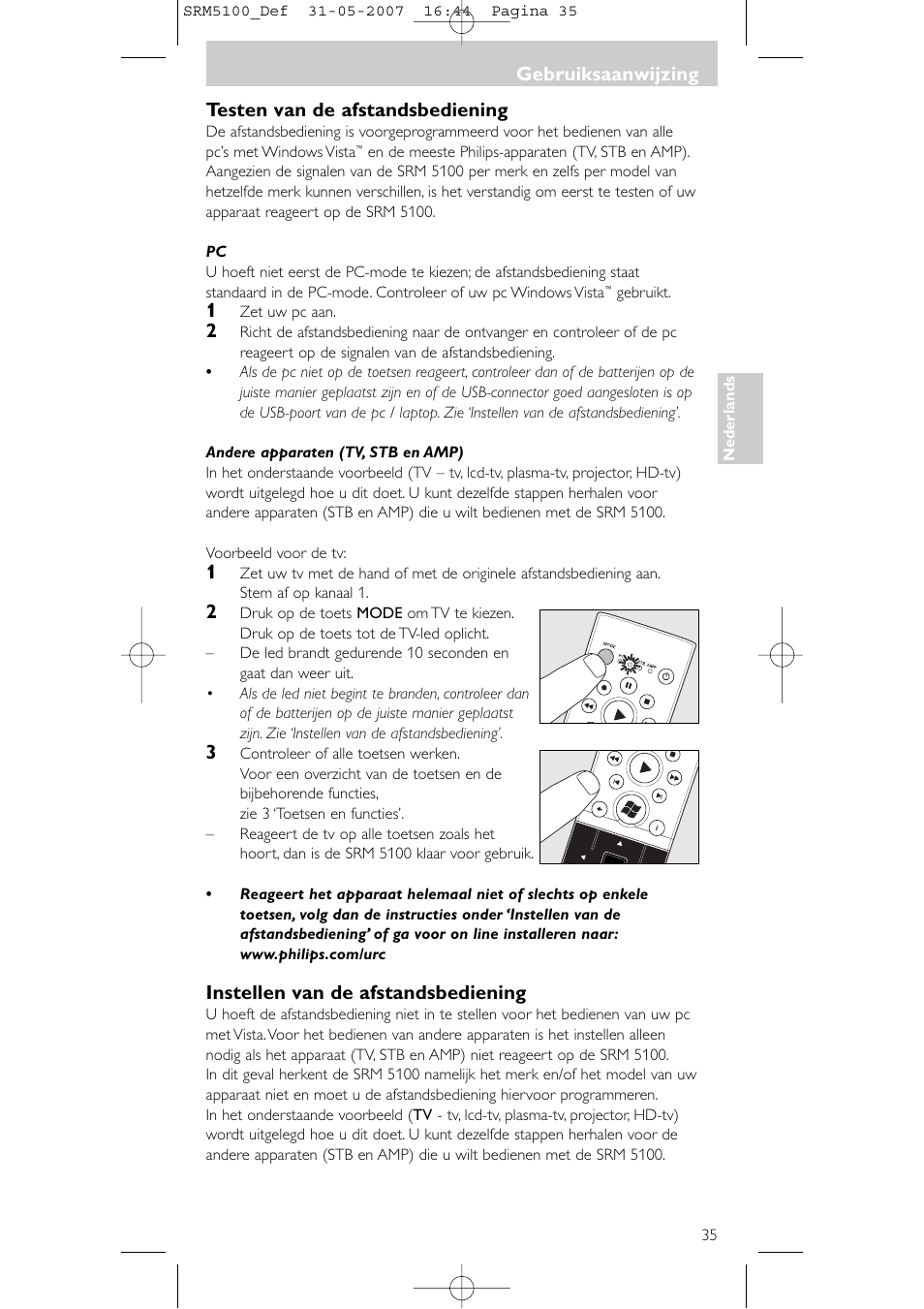 Testen van de afstandsbediening, Instellen van de afstandsbediening, Gebruiksaanwijzing | Philips SRM5100 User Manual | Page 35 / 144