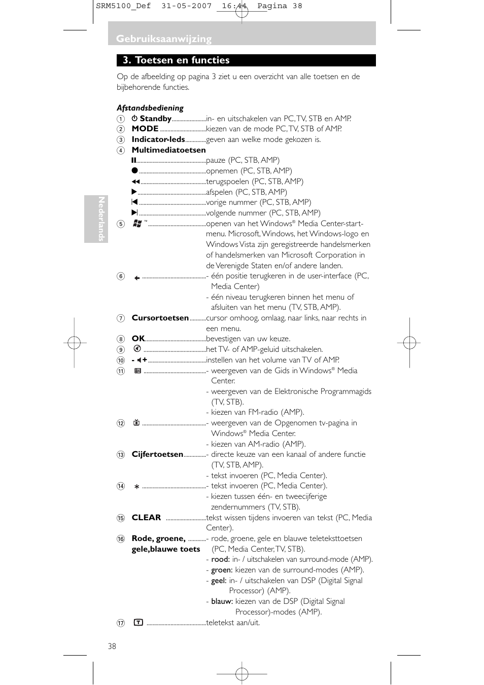 Toetsen en functies, Gebruiksaanwijzing | Philips SRM5100 User Manual | Page 38 / 144