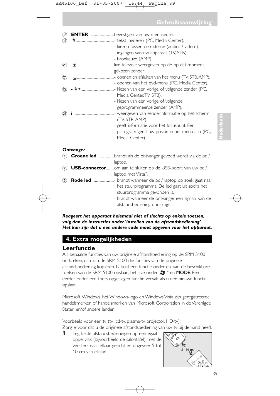 Extra mogelijkheden leerfunctie, Gebruiksaanwijzing | Philips SRM5100 User Manual | Page 39 / 144