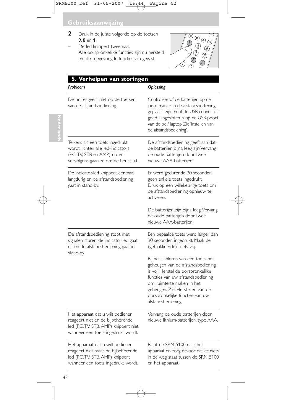 Gebruiksaanwijzing, Verhelpen van storingen | Philips SRM5100 User Manual | Page 42 / 144