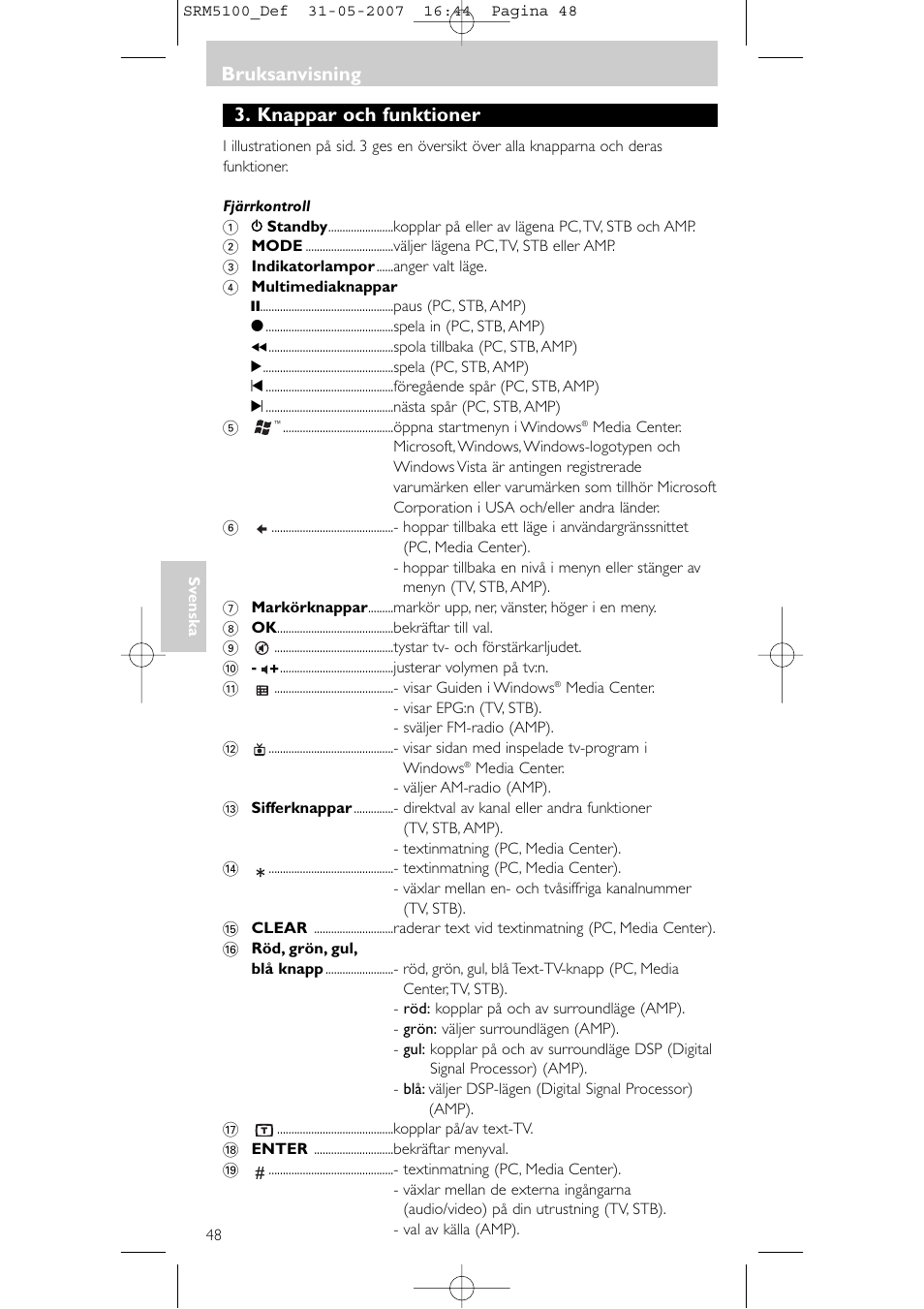 Knappar och funktioner, Bruksanvisning | Philips SRM5100 User Manual | Page 48 / 144