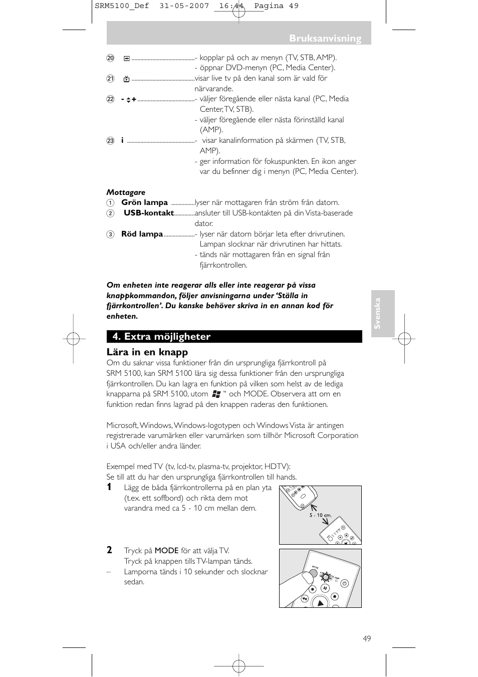 Extra möjligheter lära in en knapp, Bruksanvisning | Philips SRM5100 User Manual | Page 49 / 144