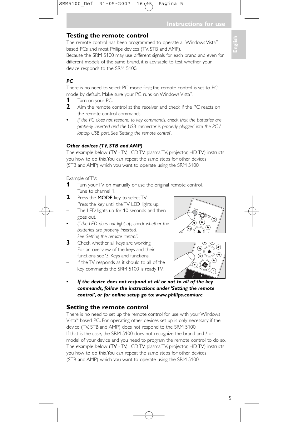 Instructions for use, Testing the remote control, Setting the remote control | Philips SRM5100 User Manual | Page 5 / 144