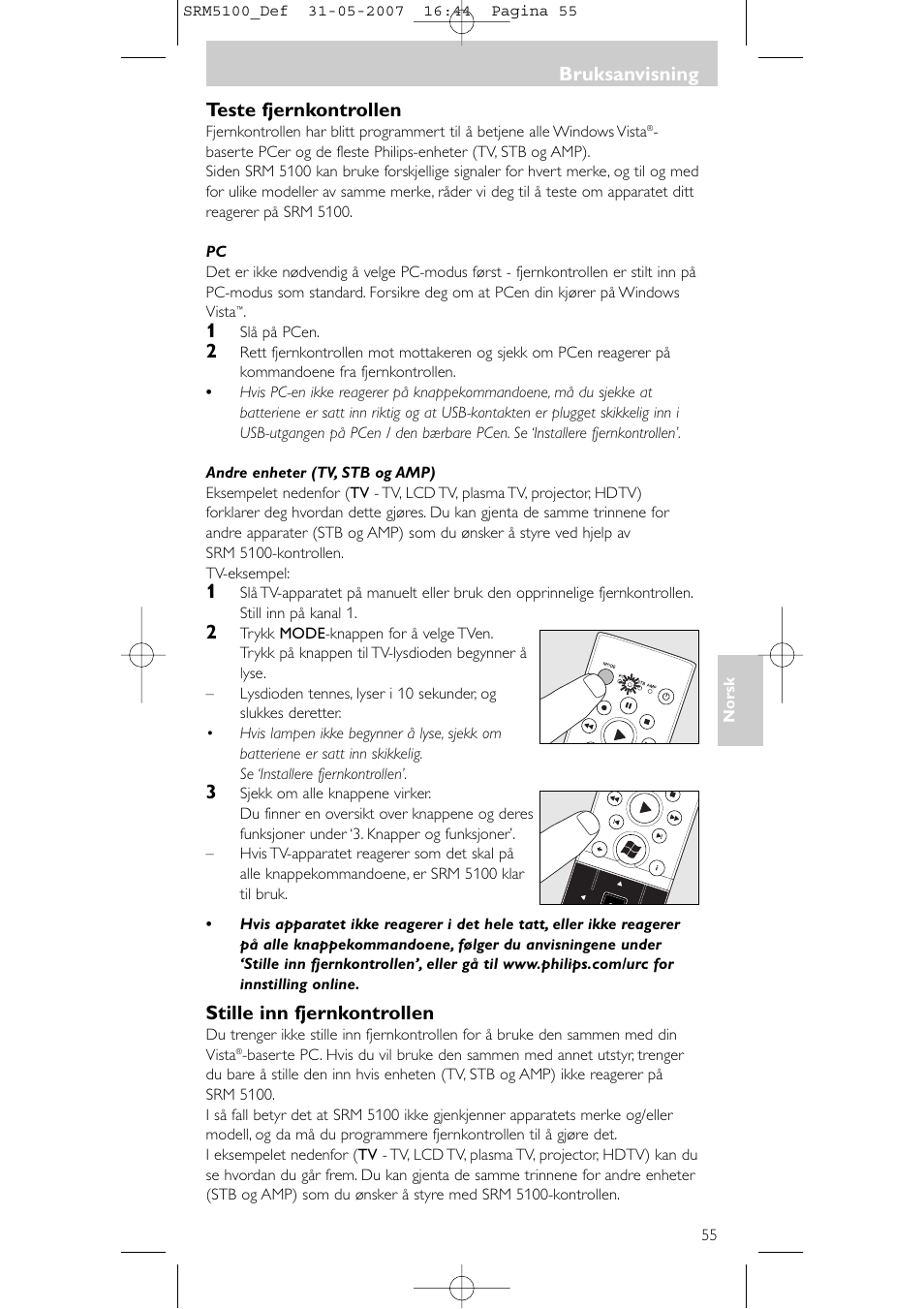 Teste fjernkontrollen, Stille inn fjernkontrollen, Bruksanvisning | Philips SRM5100 User Manual | Page 55 / 144