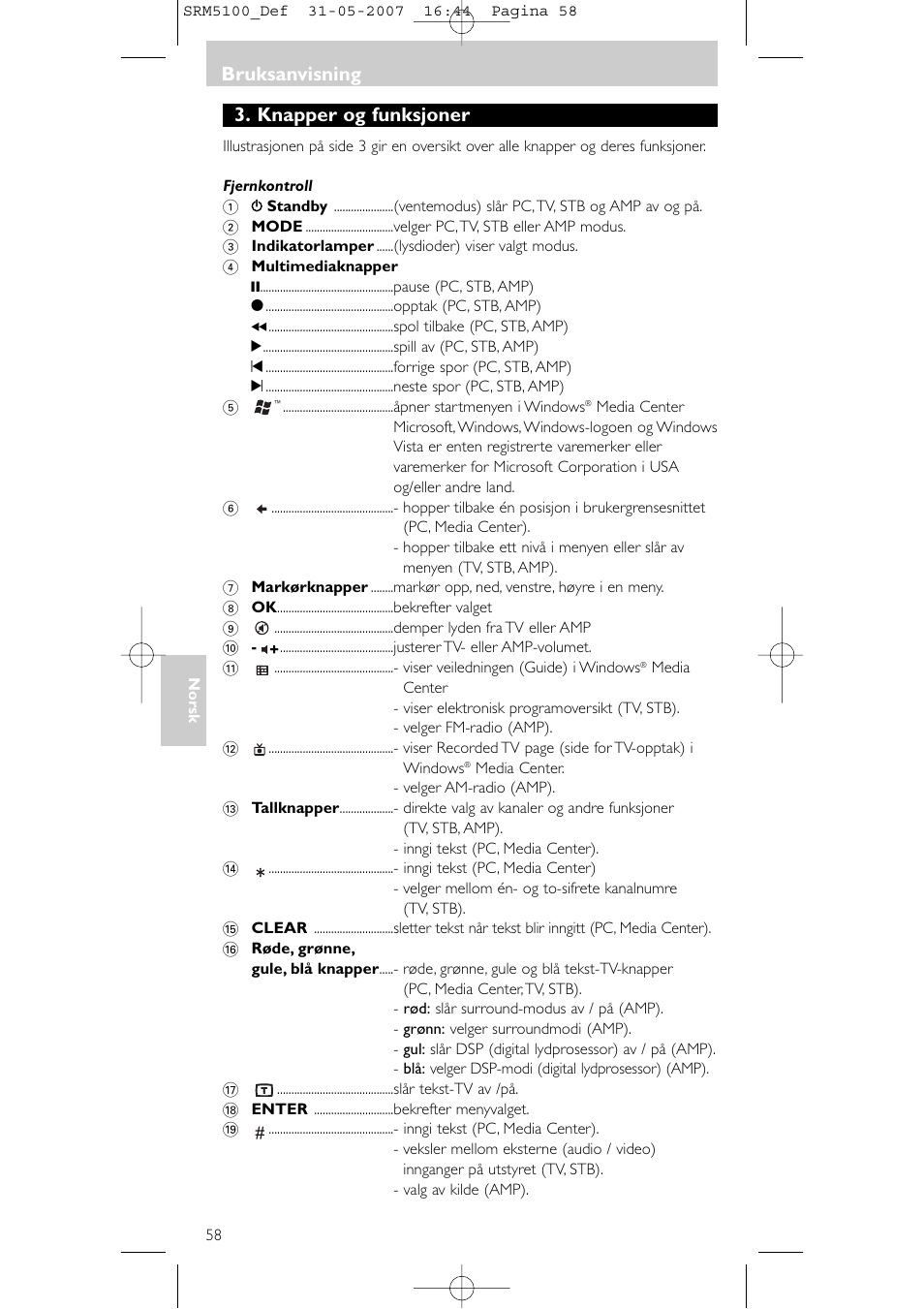 Knapper og funksjoner, Bruksanvisning | Philips SRM5100 User Manual | Page 58 / 144