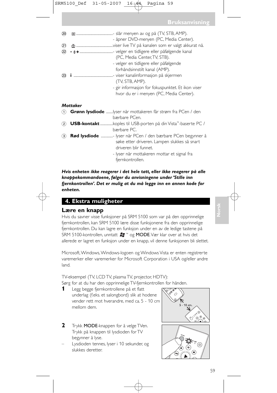 Ekstra muligheter lære en knapp, Bruksanvisning | Philips SRM5100 User Manual | Page 59 / 144