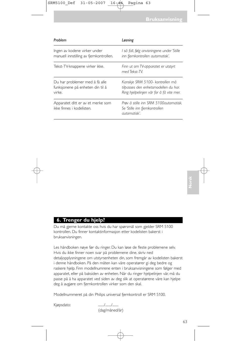 Trenger du hjelp, Bruksanvisning | Philips SRM5100 User Manual | Page 63 / 144