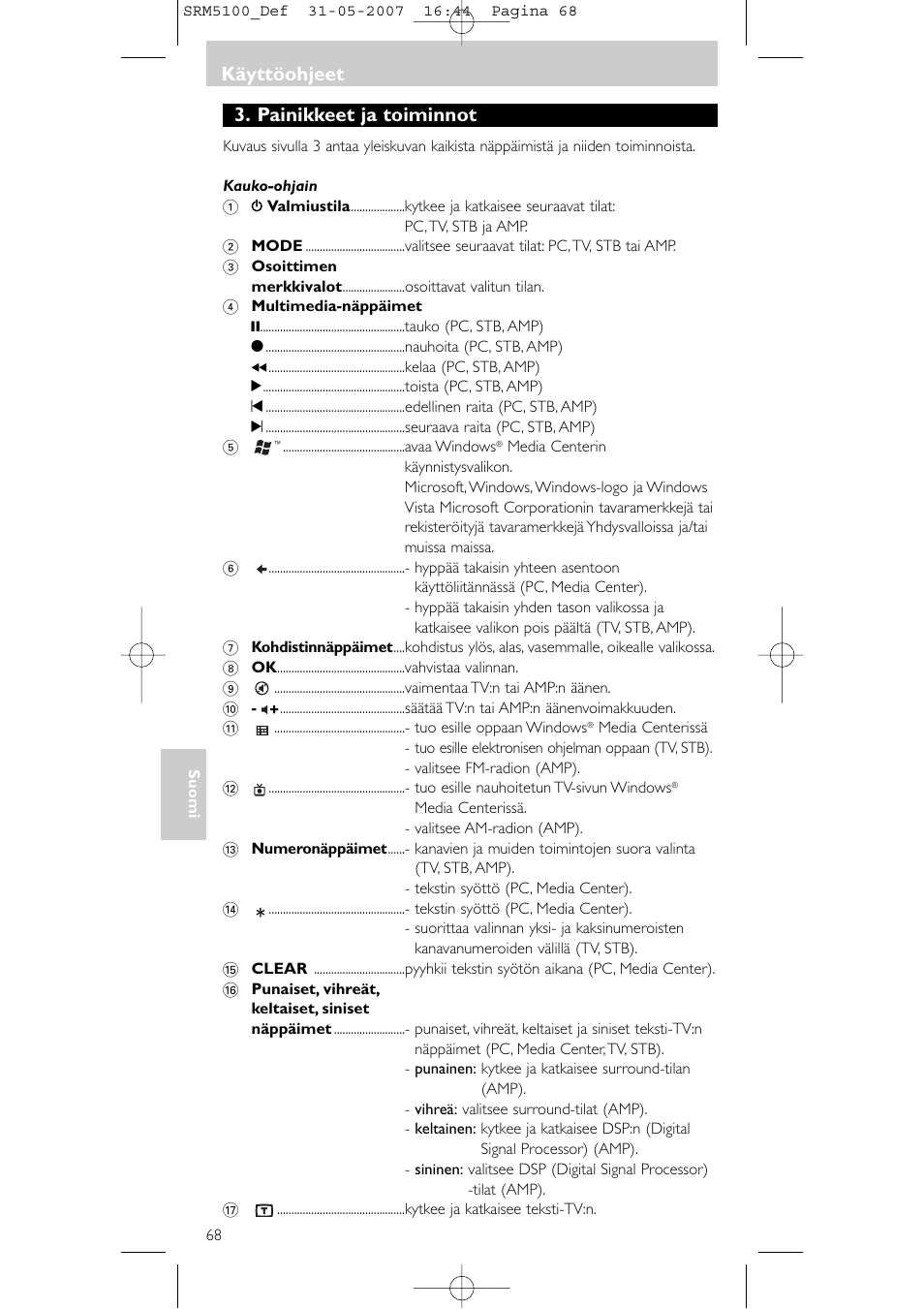 Painikkeet ja toiminnot, Käyttöohjeet | Philips SRM5100 User Manual | Page 68 / 144