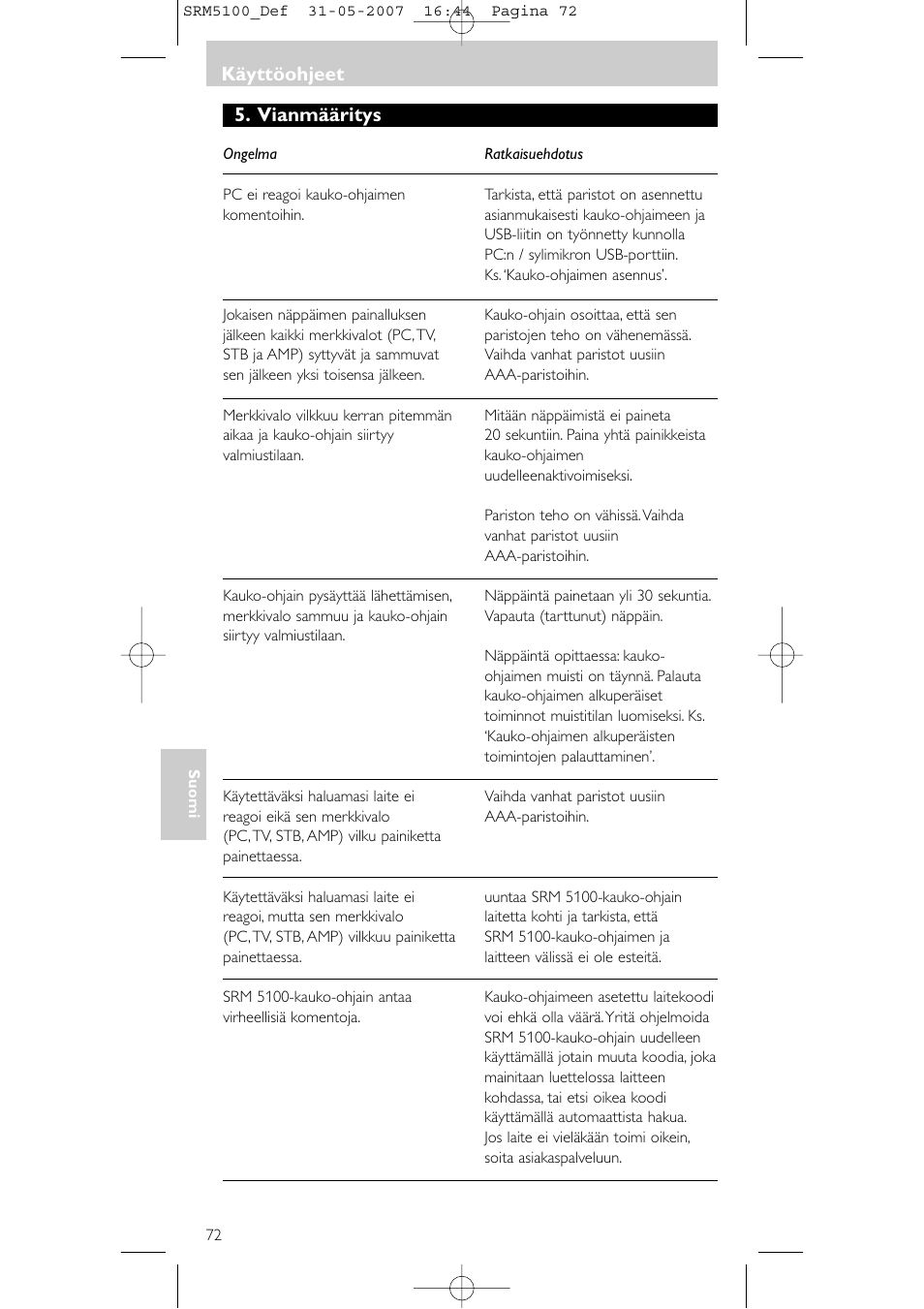 Vianmääritys käyttöohjeet | Philips SRM5100 User Manual | Page 72 / 144