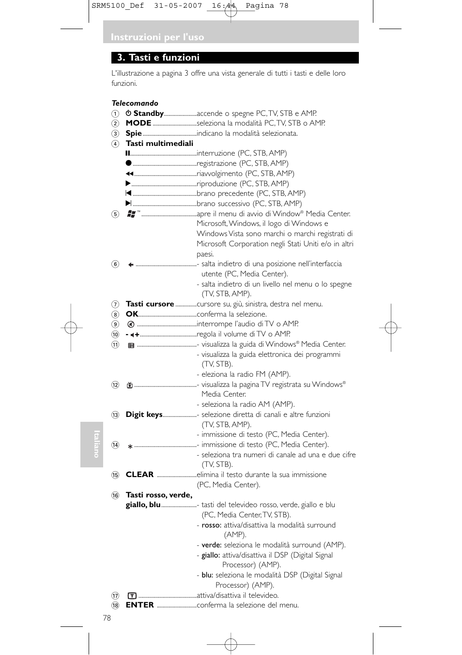 Tasti e funzioni, Instruzioni per l'uso | Philips SRM5100 User Manual | Page 78 / 144