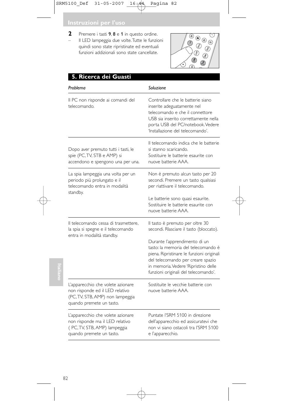 Ricerca dei guasti, Instruzioni per l'uso | Philips SRM5100 User Manual | Page 82 / 144