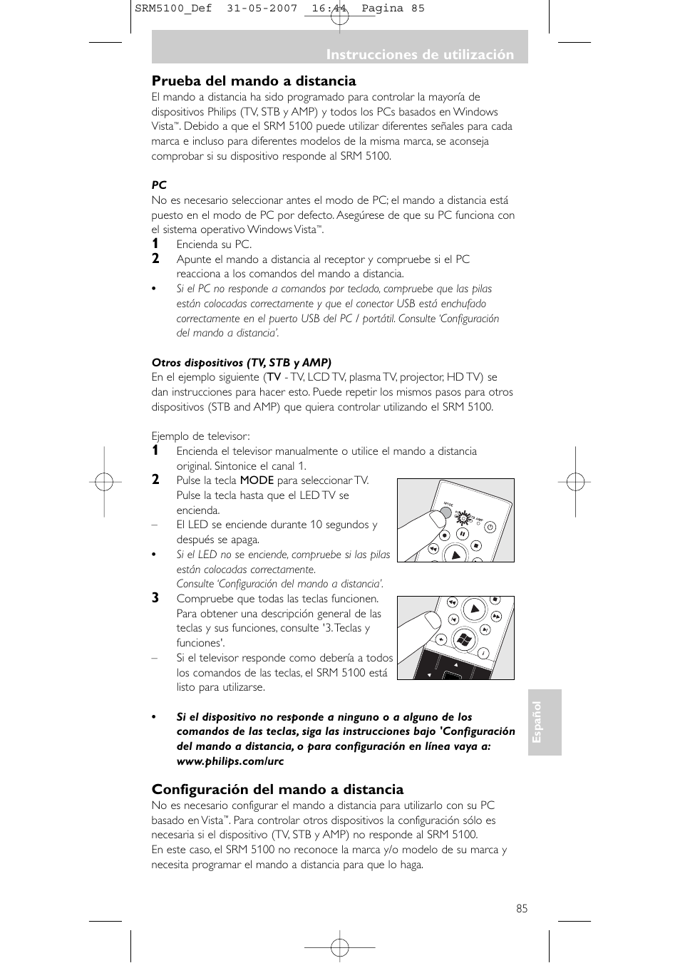 Prueba del mando a distancia, Configuración del mando a distancia, Instrucciones de utilización | Philips SRM5100 User Manual | Page 85 / 144