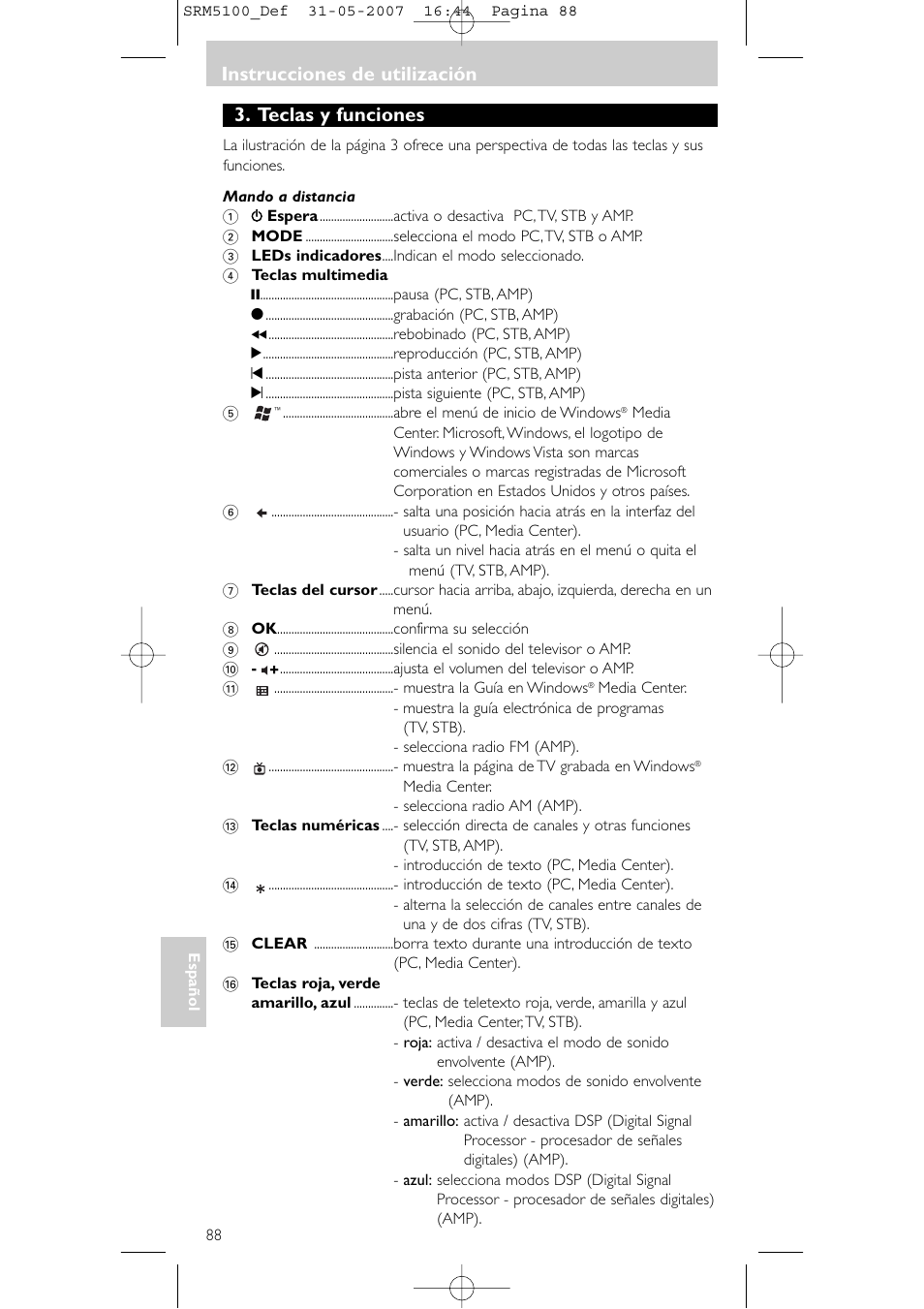 Teclas y funciones, Instrucciones de utilización | Philips SRM5100 User Manual | Page 88 / 144