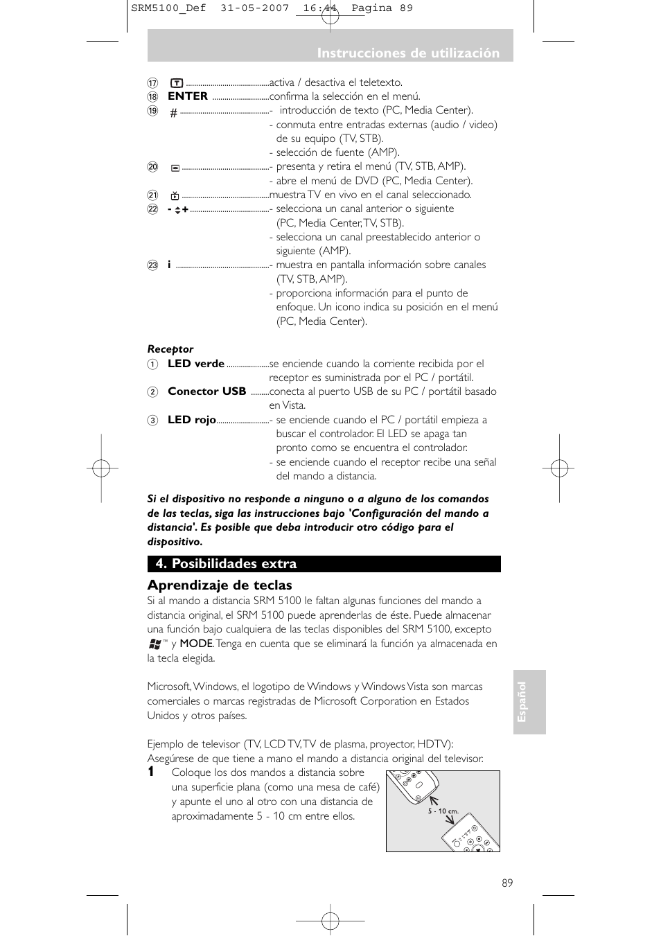 Posibilidades extra aprendizaje de teclas, Instrucciones de utilización | Philips SRM5100 User Manual | Page 89 / 144