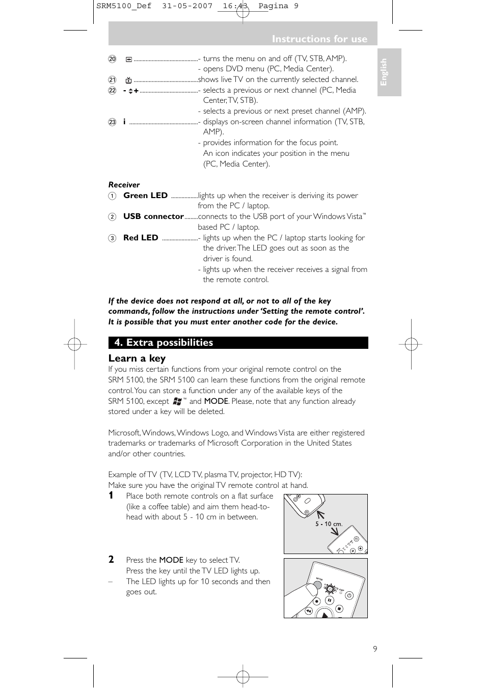 Extra possibilities learn a key, Instructions for use | Philips SRM5100 User Manual | Page 9 / 144