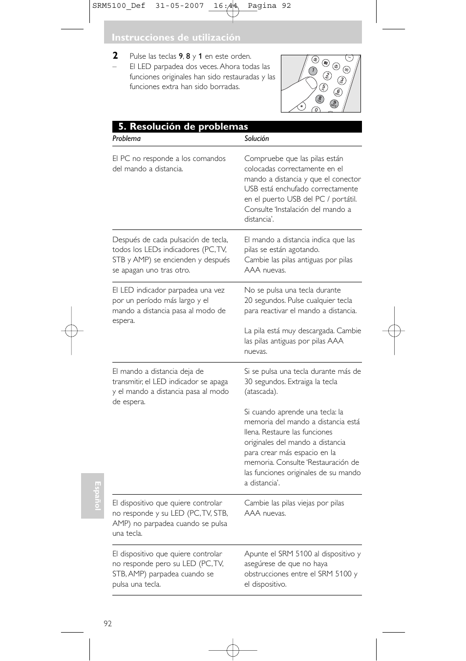 Instrucciones de utilización, Resolución de problemas | Philips SRM5100 User Manual | Page 92 / 144