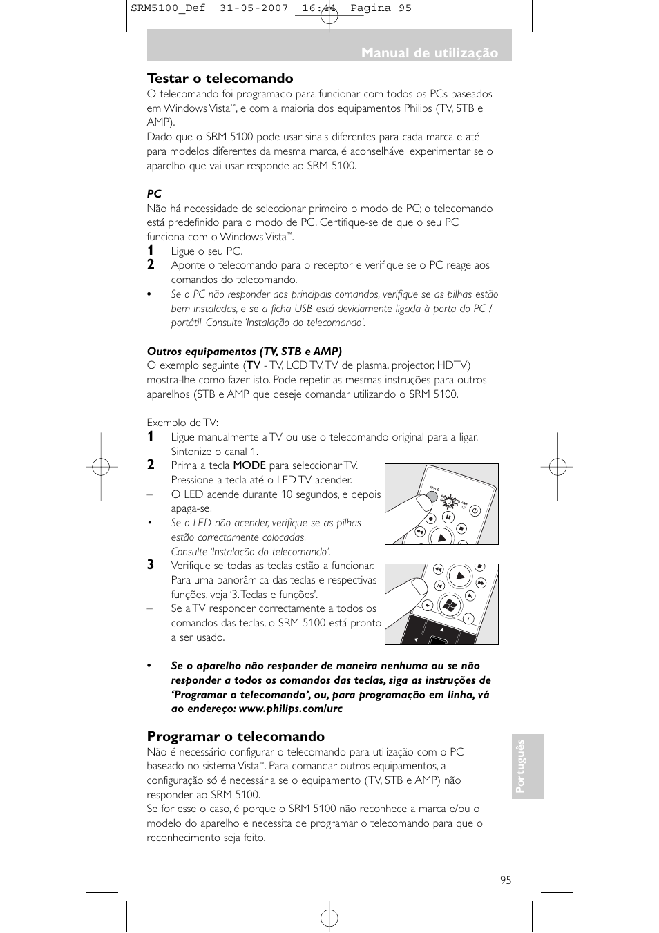 Testar o telecomando, Programar o telecomando, Manual de utilização | Philips SRM5100 User Manual | Page 95 / 144