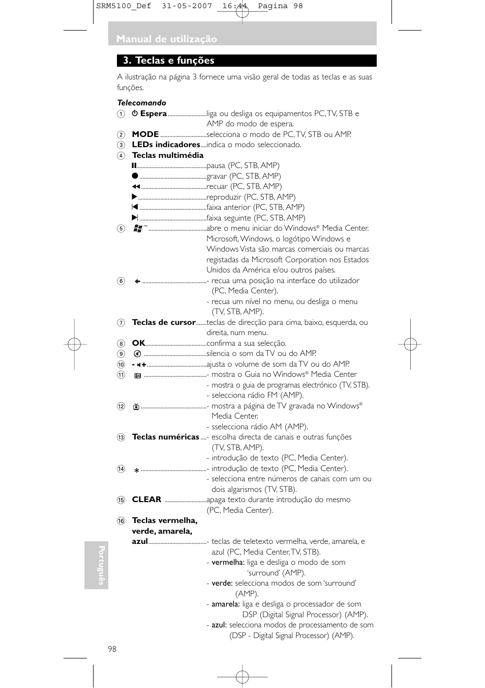 Teclas e funções, Manual de utilização | Philips SRM5100 User Manual | Page 98 / 144