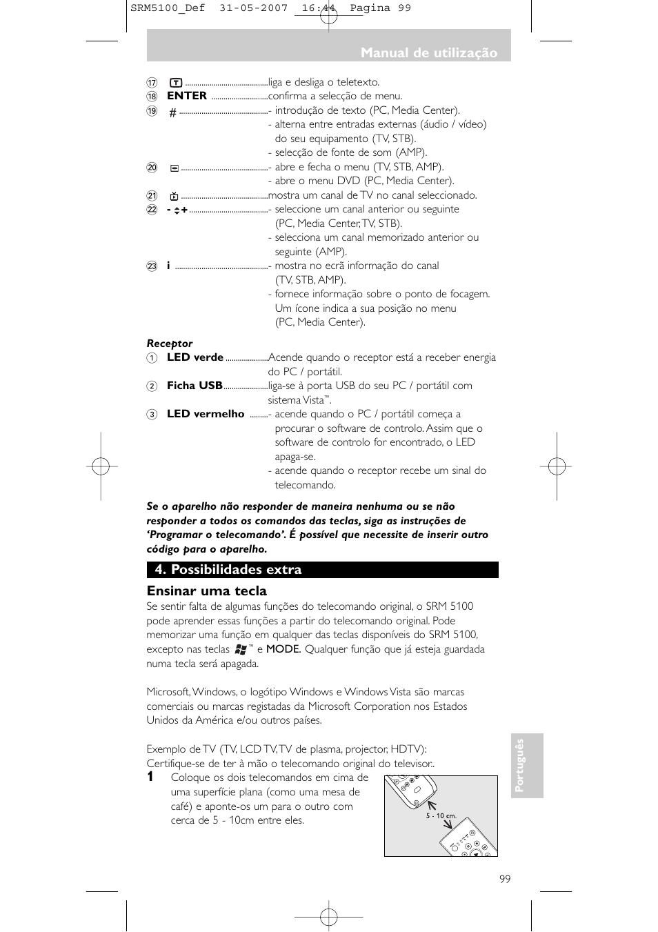 Possibilidades extra ensinar uma tecla, Manual de utilização | Philips SRM5100 User Manual | Page 99 / 144