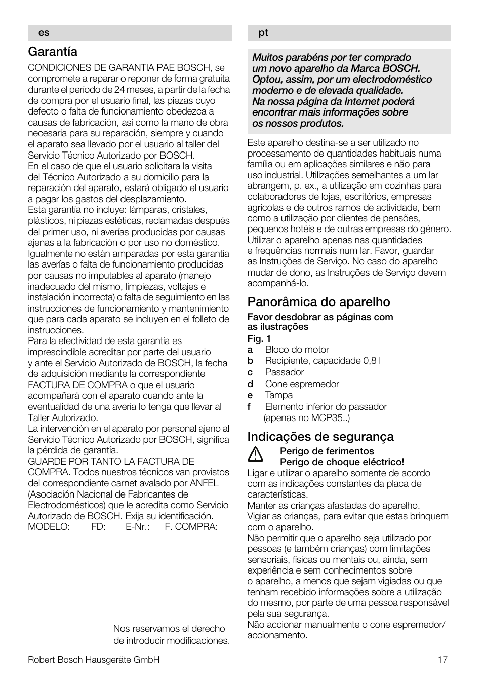 Garantía, Panorâmica do aparelho, Indicações de segurança | Bosch MCP3000 Citruspresse weiß sommergelb User Manual | Page 17 / 40