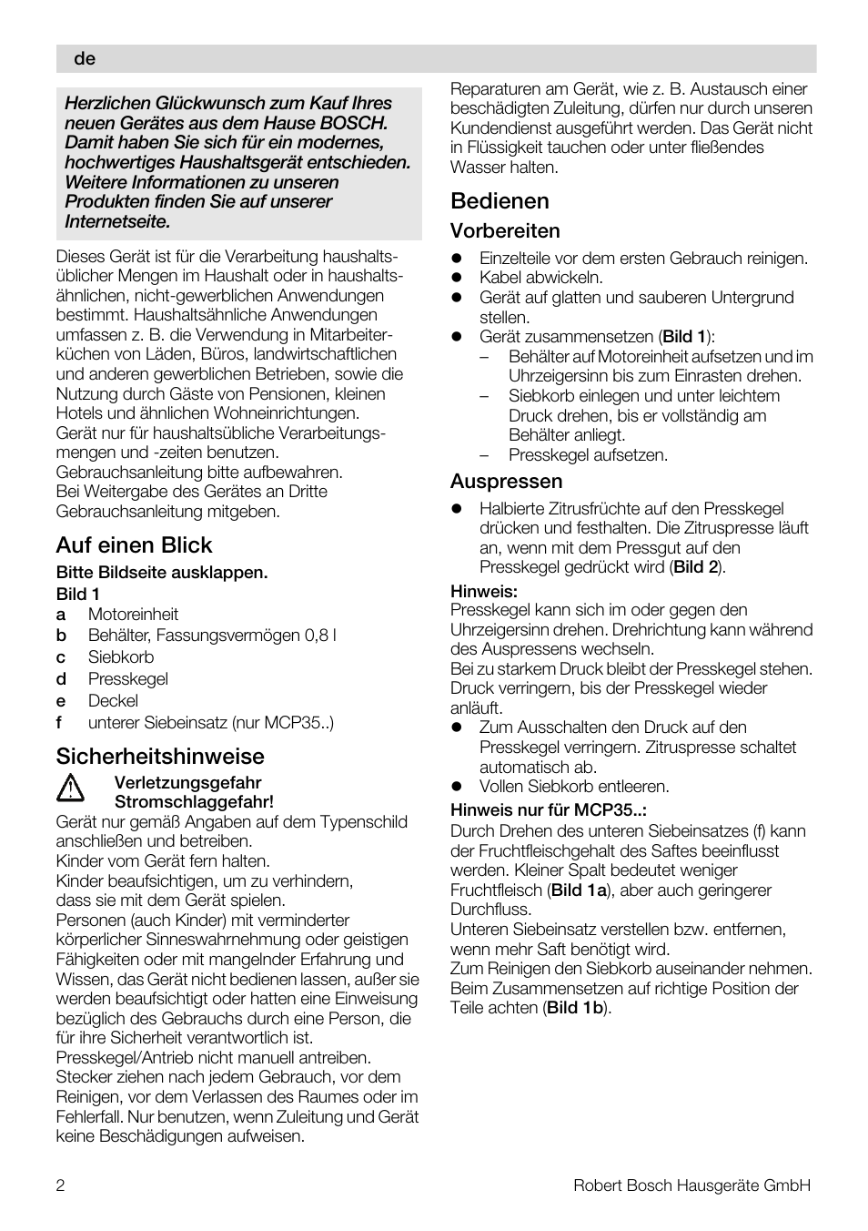 Auf einen blick, Sicherheitshinweise, Bedienen | Bosch MCP3000 Citruspresse weiß sommergelb User Manual | Page 2 / 40