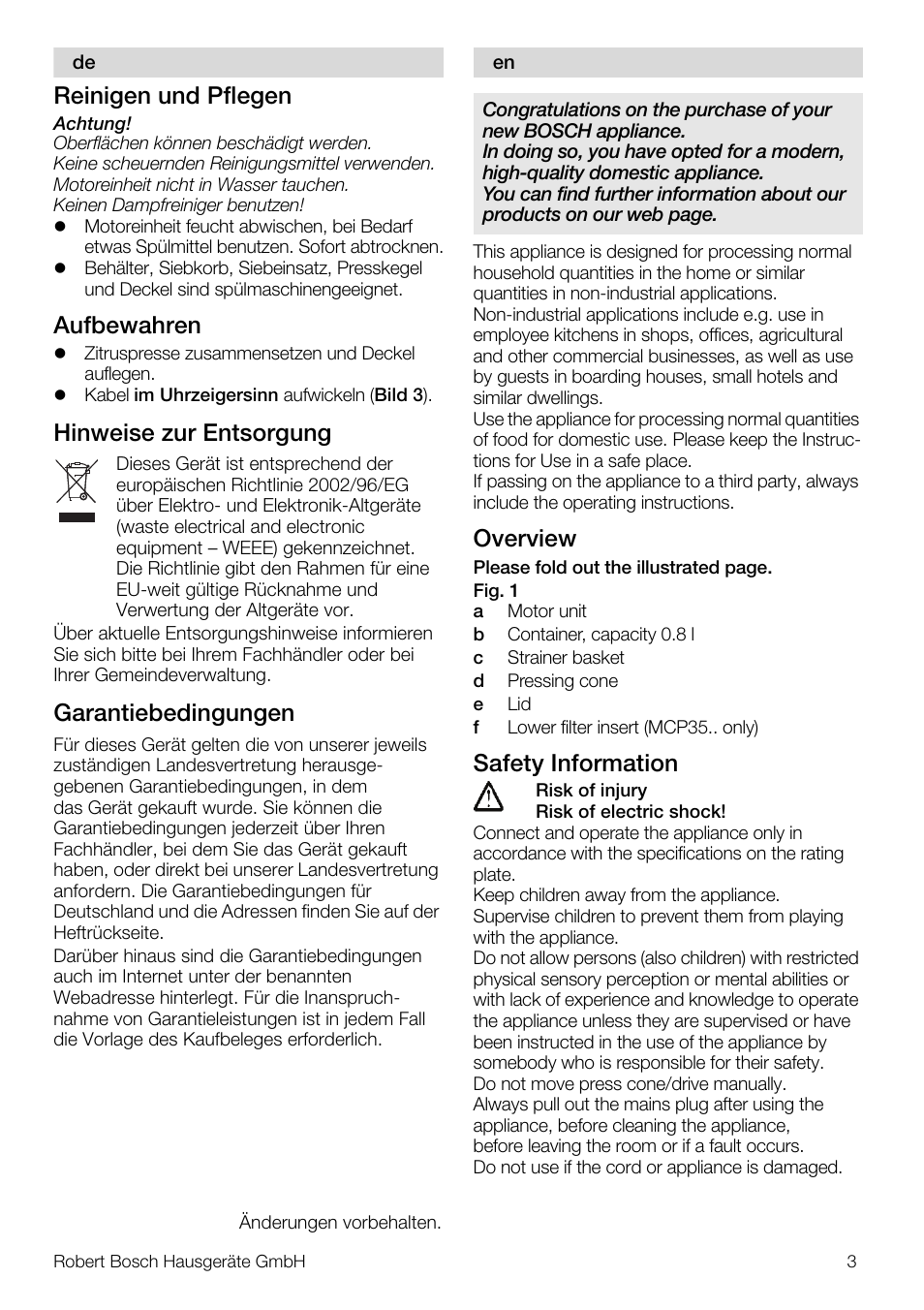 Reinigen und pflegen, Aufbewahren, Hinweise zur entsorgung | Garantiebedingungen, Overview, Safety information | Bosch MCP3000 Citruspresse weiß sommergelb User Manual | Page 3 / 40