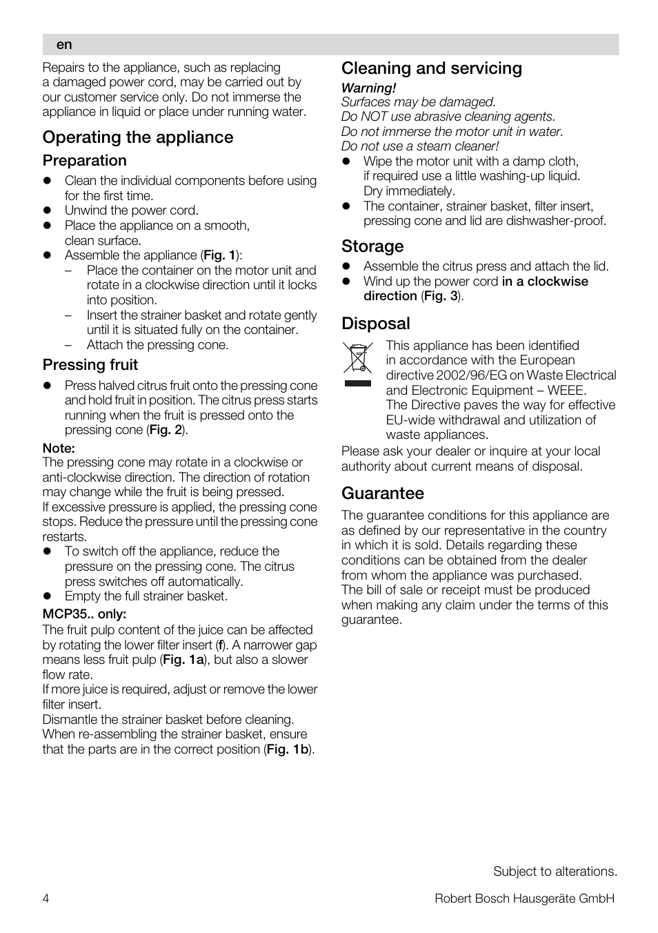 Operating the appliance, Cleaning and servicing, Storage | Disposal, Guarantee | Bosch MCP3000 Citruspresse weiß sommergelb User Manual | Page 4 / 40