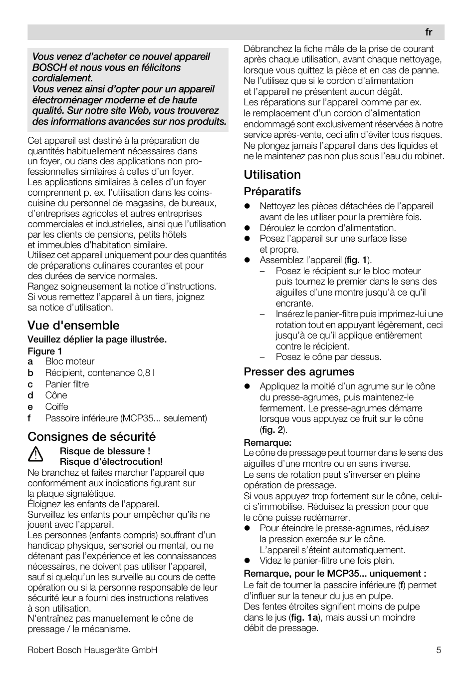 Vue d'ensemble, Consignes de sécurité, Utilisation | Bosch MCP3000 Citruspresse weiß sommergelb User Manual | Page 5 / 40