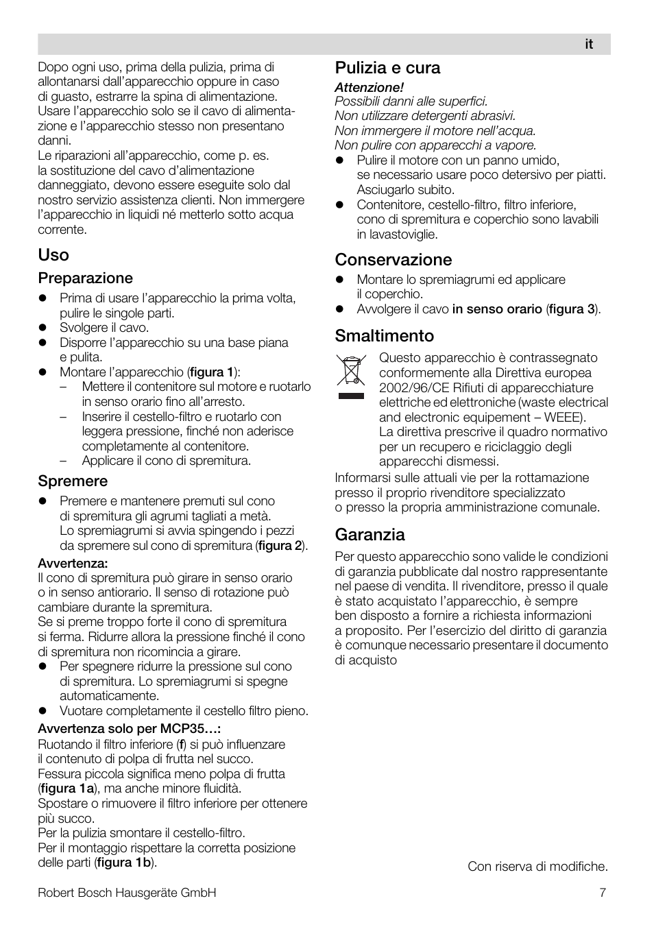 Pulizia e cura, Conservazione, Smaltimento | Garanzia | Bosch MCP3000 Citruspresse weiß sommergelb User Manual | Page 7 / 40