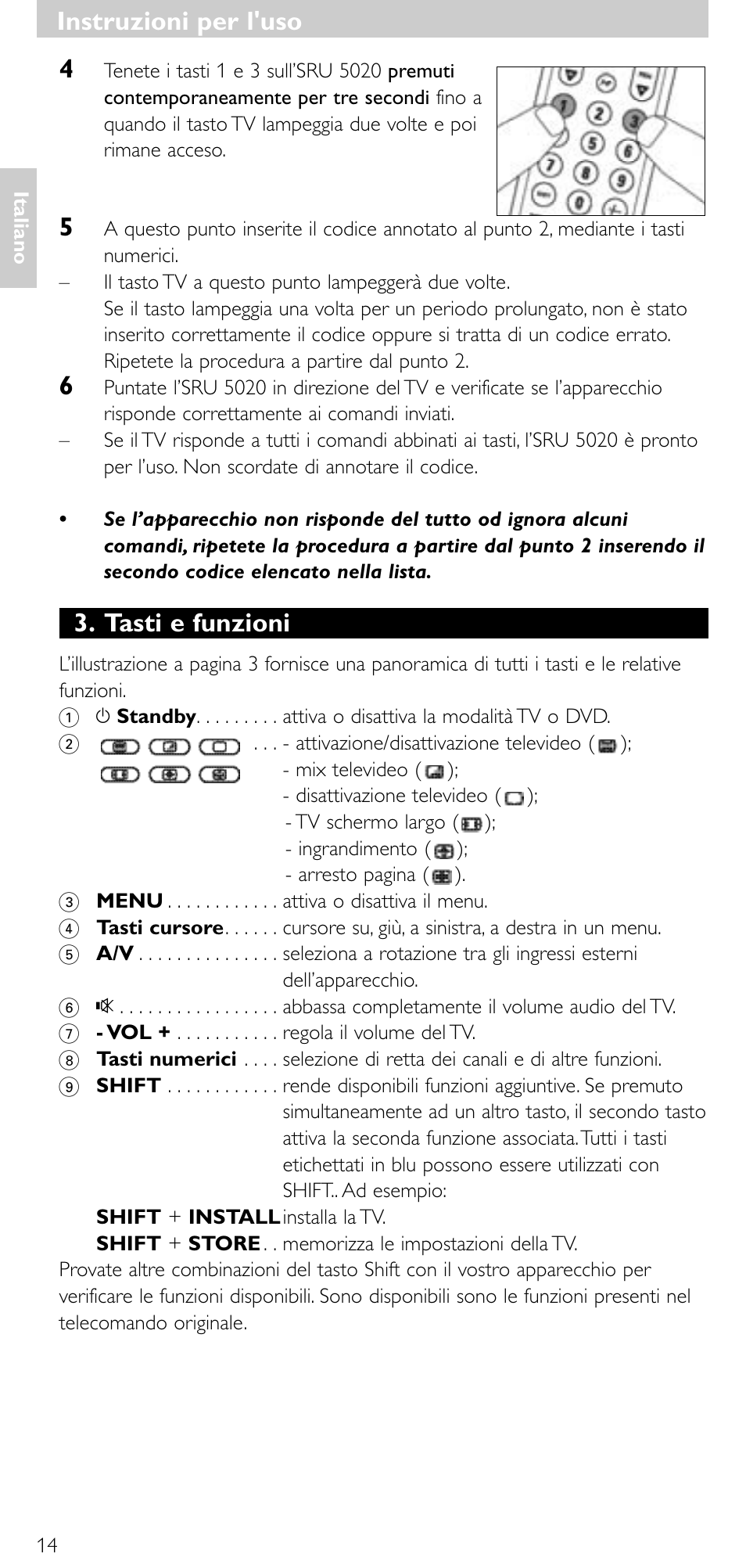 Tasti e funzioni, Instruzioni per l'uso | Philips SRU 5020/87 User Manual | Page 13 / 83