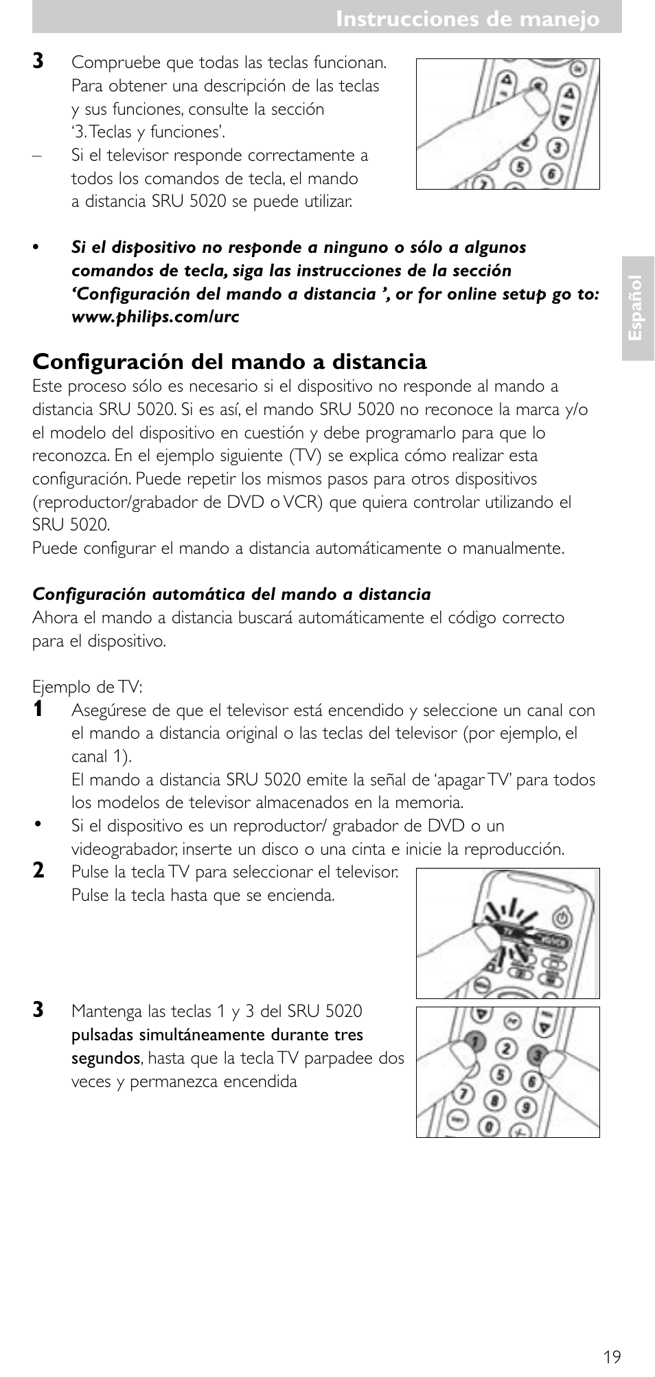 Configuración del mando a distancia, Instrucciones de manejo | Philips SRU 5020/87 User Manual | Page 18 / 83