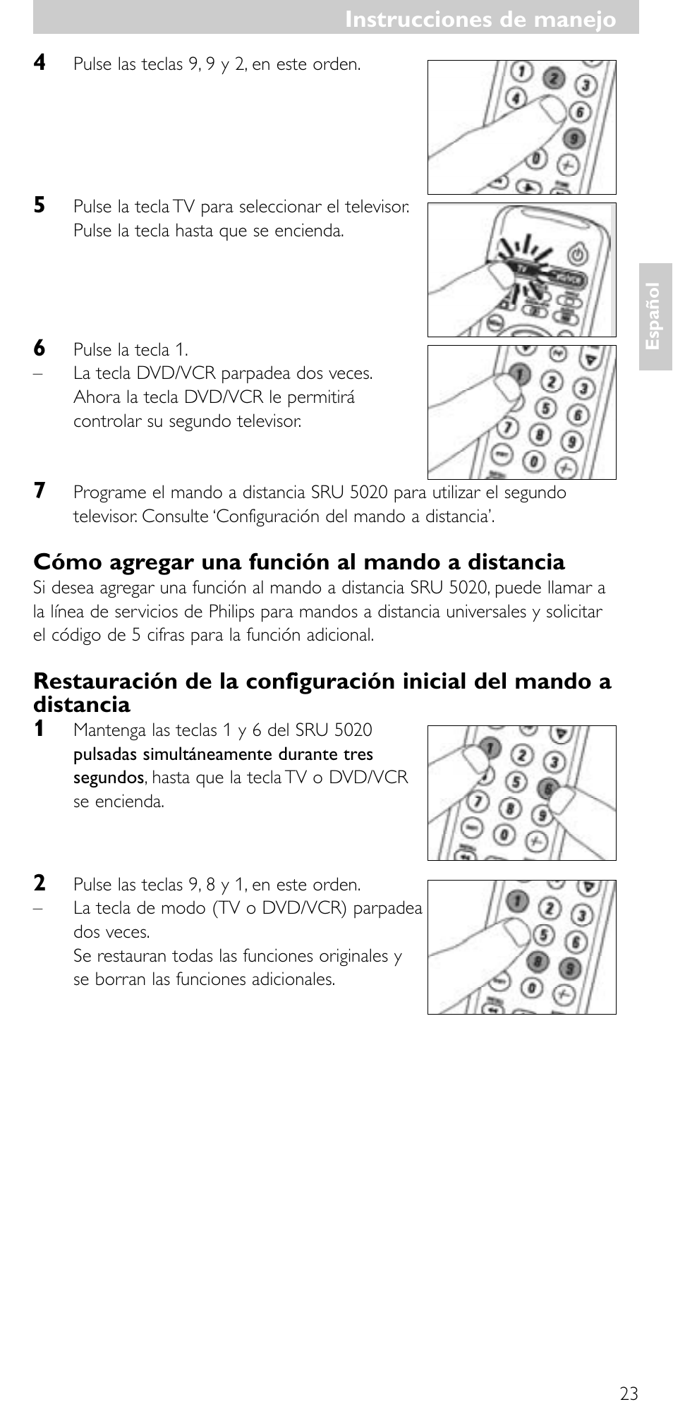 Cómo agregar una función al mando a distancia, Instrucciones de manejo | Philips SRU 5020/87 User Manual | Page 22 / 83