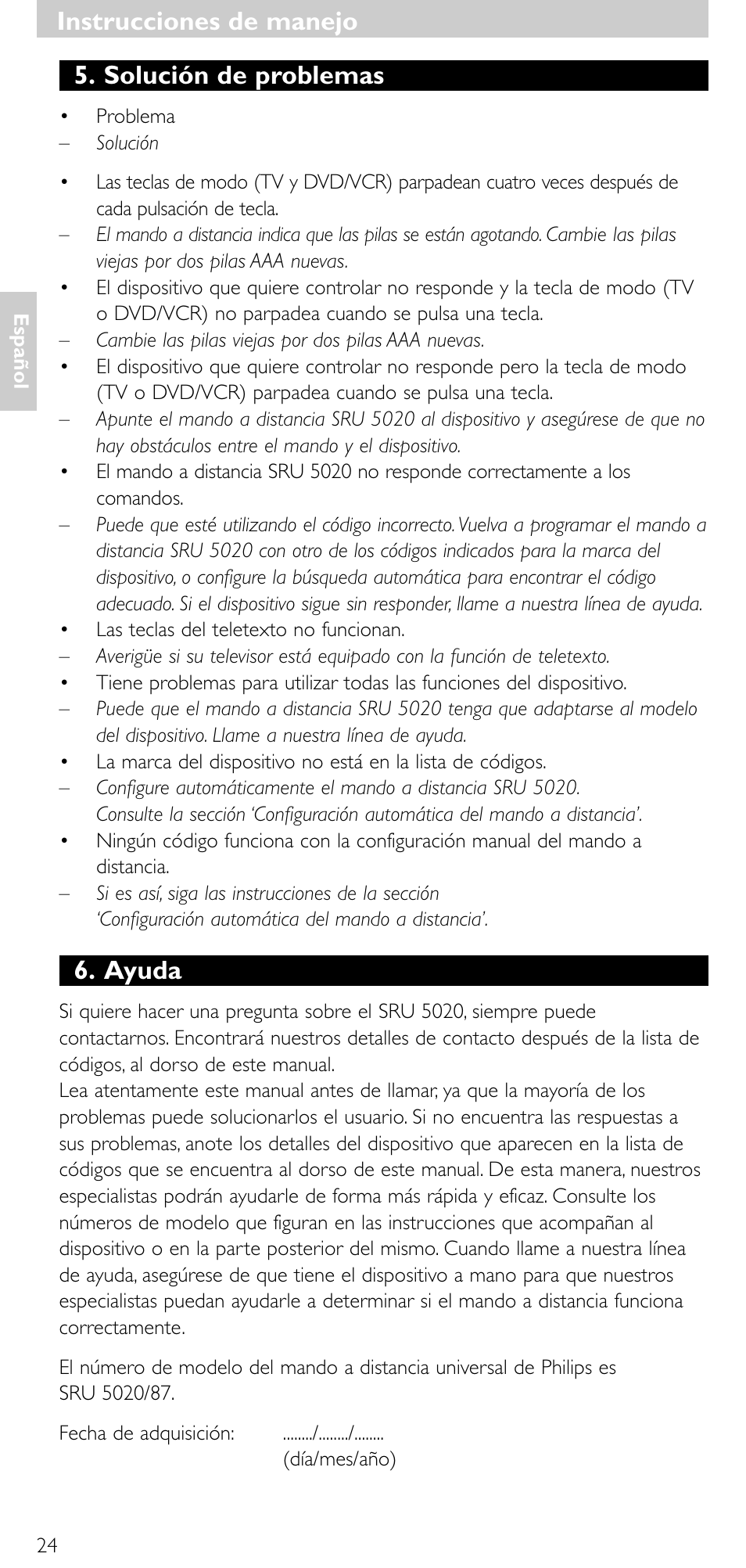 Solución de problemas, Ayuda, Instrucciones de manejo | Philips SRU 5020/87 User Manual | Page 23 / 83
