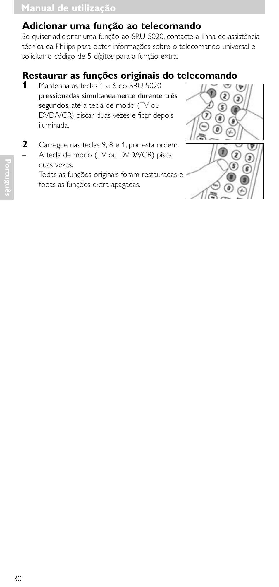 Adicionar uma função ao telecomando, Restaurar as funções originais do telecomando 1, Manual de utilização | Philips SRU 5020/87 User Manual | Page 29 / 83