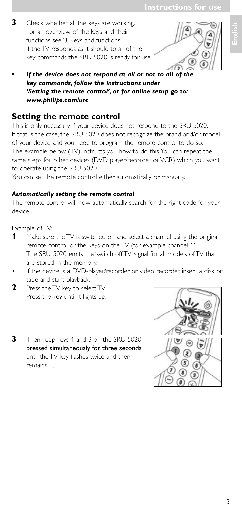 Instructions for use, Setting the remote control | Philips SRU 5020/87 User Manual | Page 4 / 83