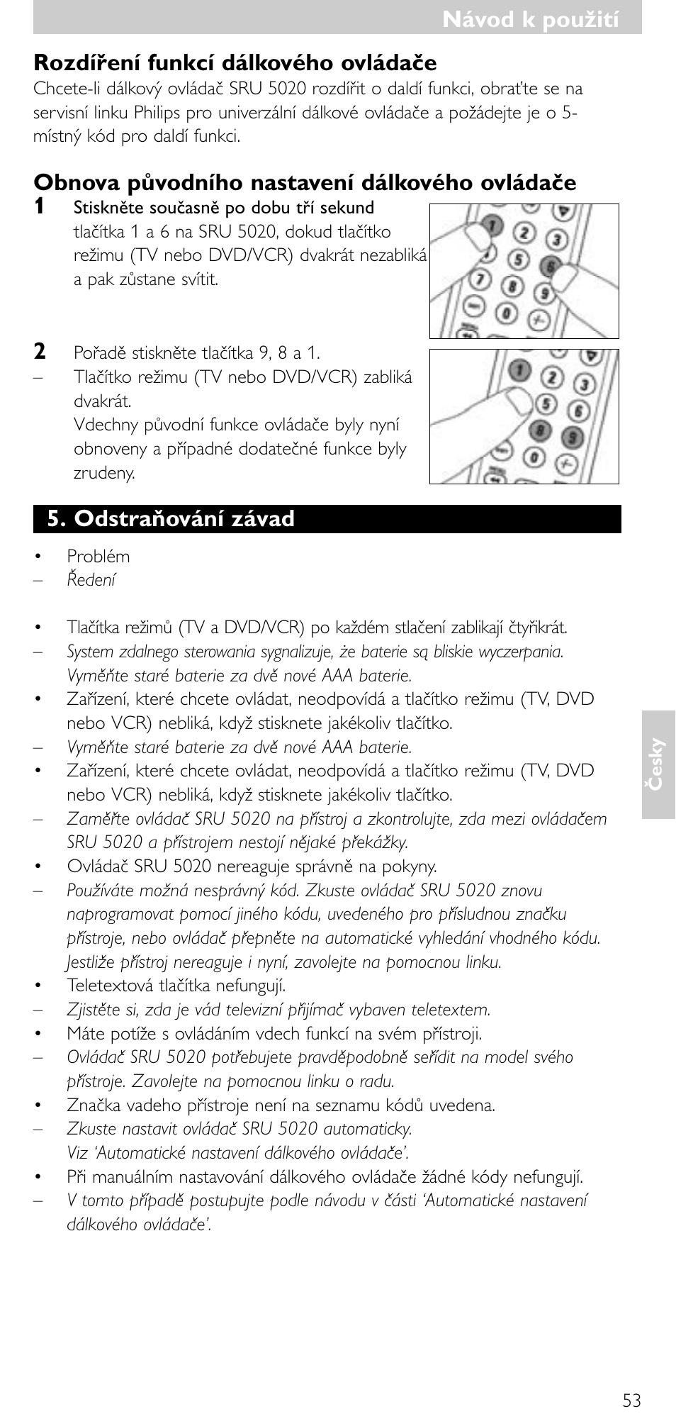 Návod k použití, Obnova původního nastavení dálkového ovládače 1, Odstraňování závad | Philips SRU 5020/87 User Manual | Page 52 / 83