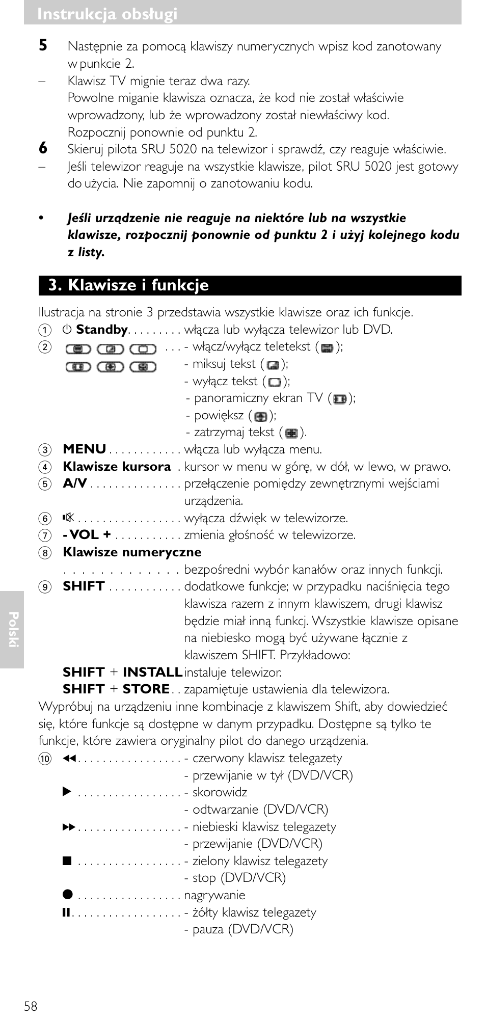 Instrukcja obsługi, Instrukcja obsługi 5, Klawisze i funkcje | Philips SRU 5020/87 User Manual | Page 57 / 83