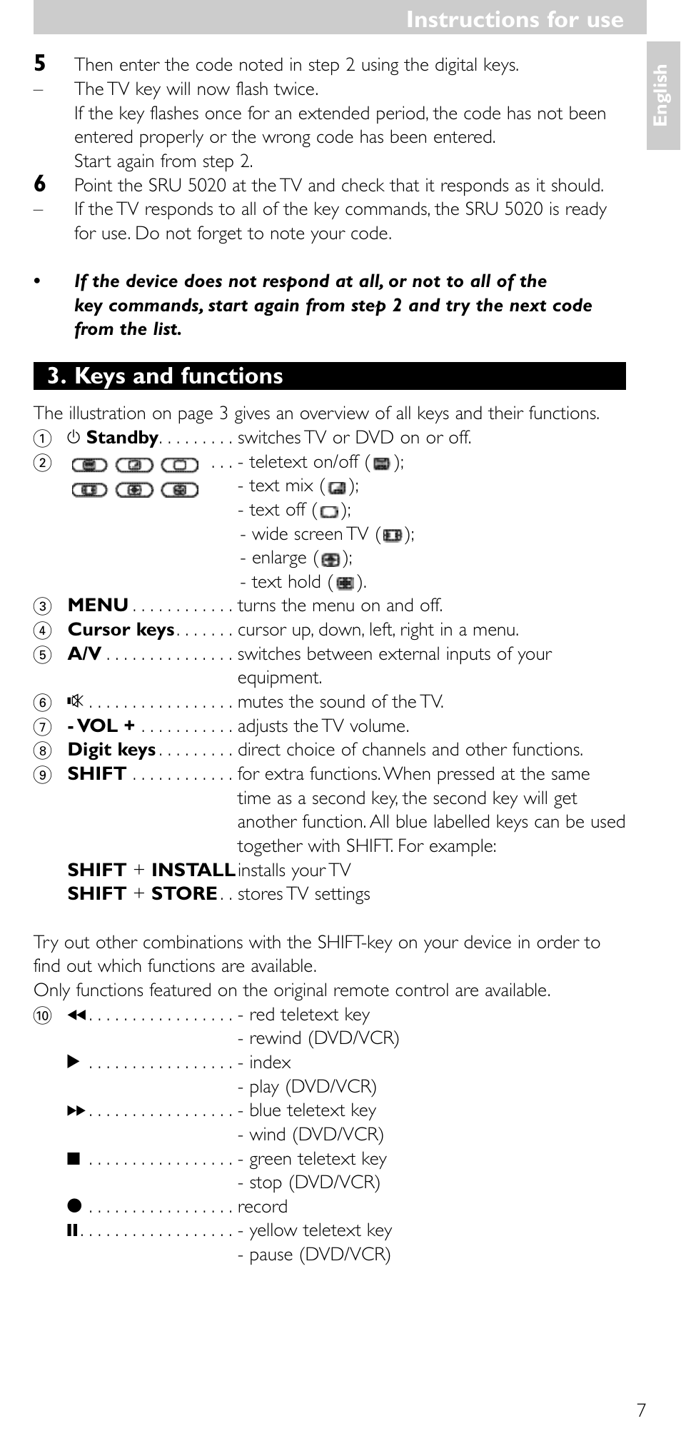 Keys and functions, Instructions for use | Philips SRU 5020/87 User Manual | Page 6 / 83
