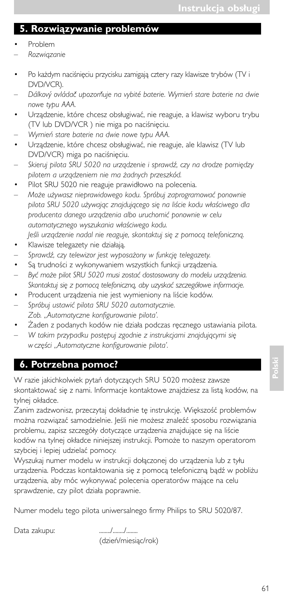 Instrukcja obsługi, Instrukcja obsługi 5. rozwiązywanie problemów, Potrzebna pomoc | Philips SRU 5020/87 User Manual | Page 60 / 83