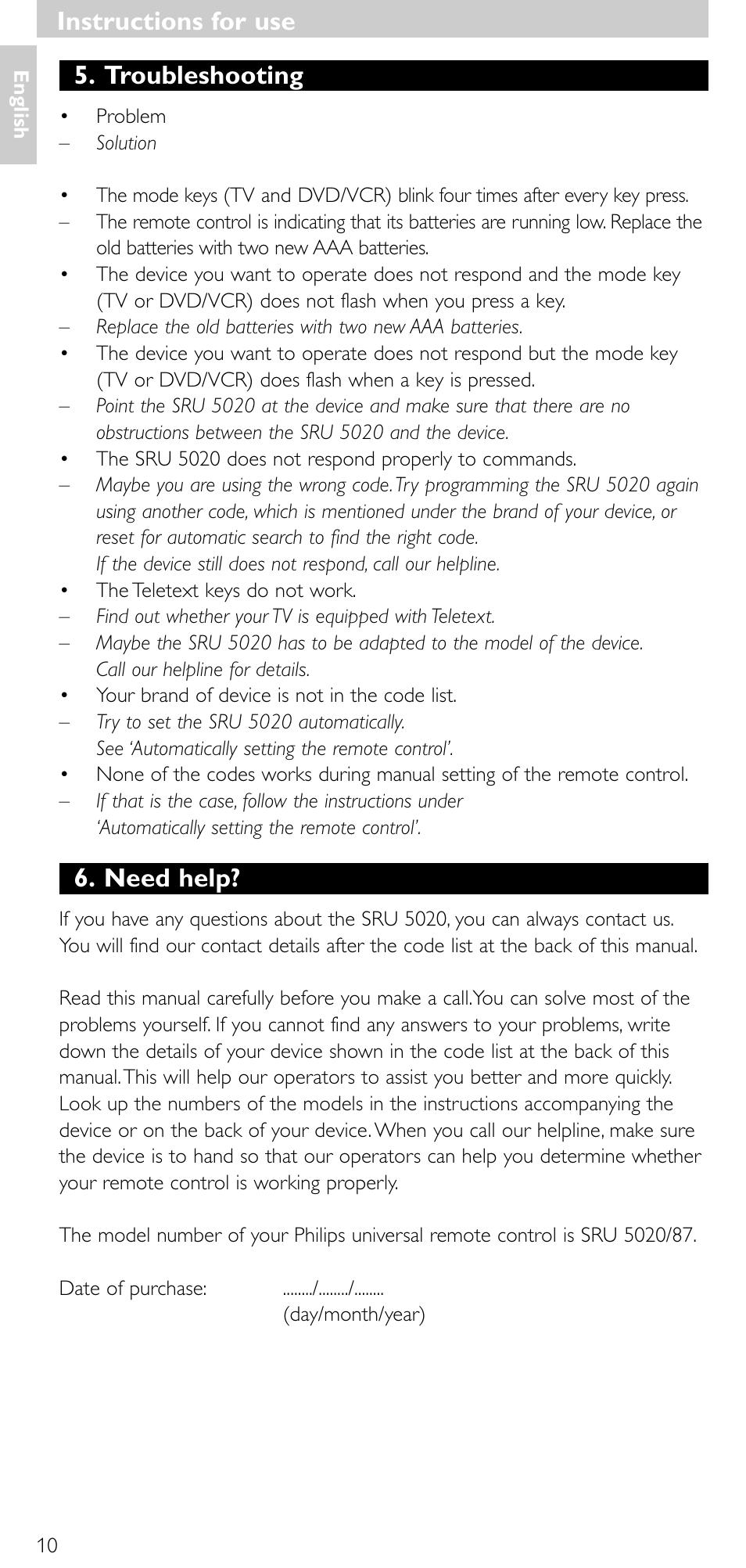Troubleshooting, Need help, Instructions for use | Philips SRU 5020/87 User Manual | Page 9 / 83