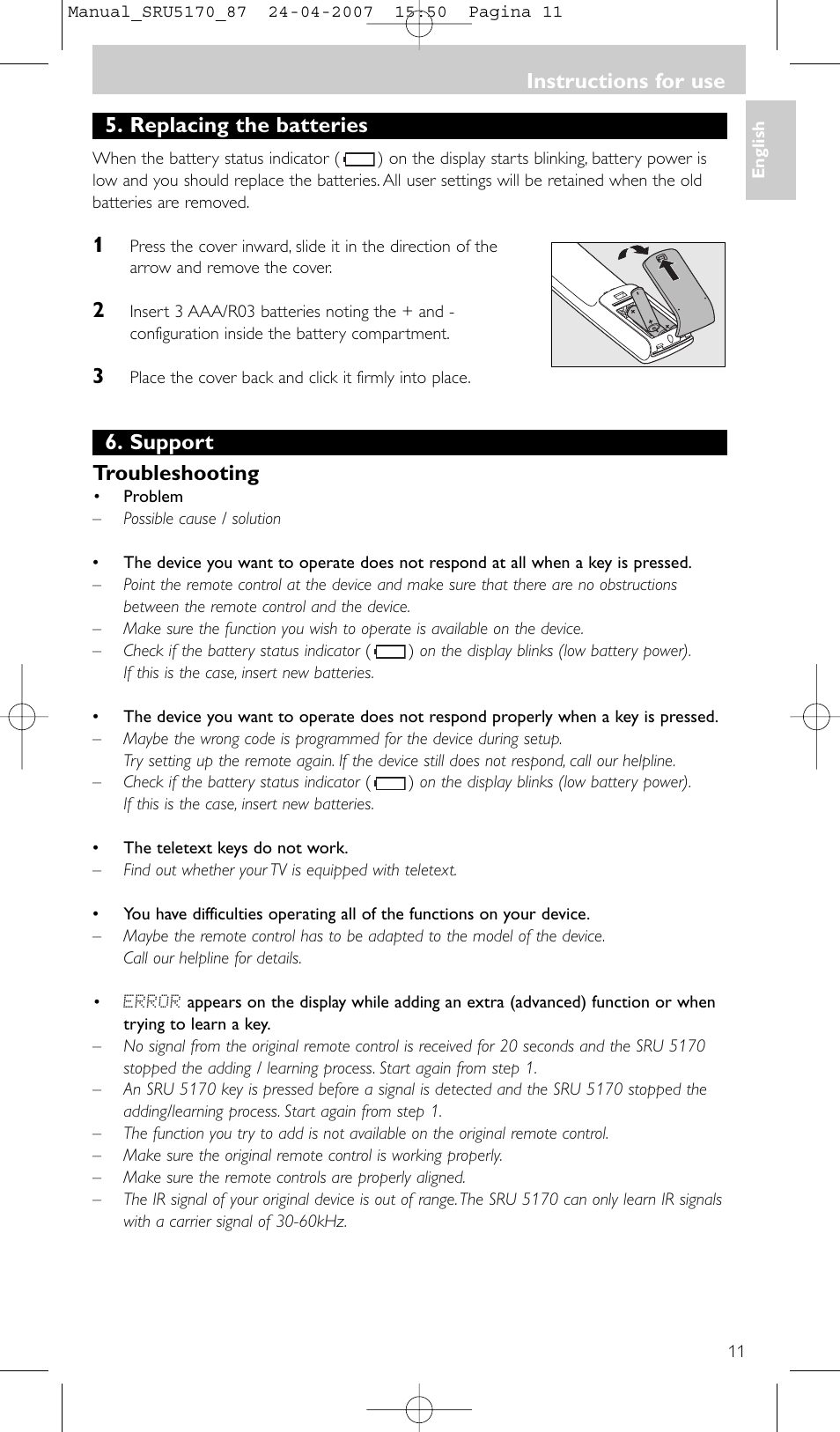 Replacing the batteries, Support troubleshooting, Instructions for use | Philips SRU5170 User Manual | Page 11 / 80