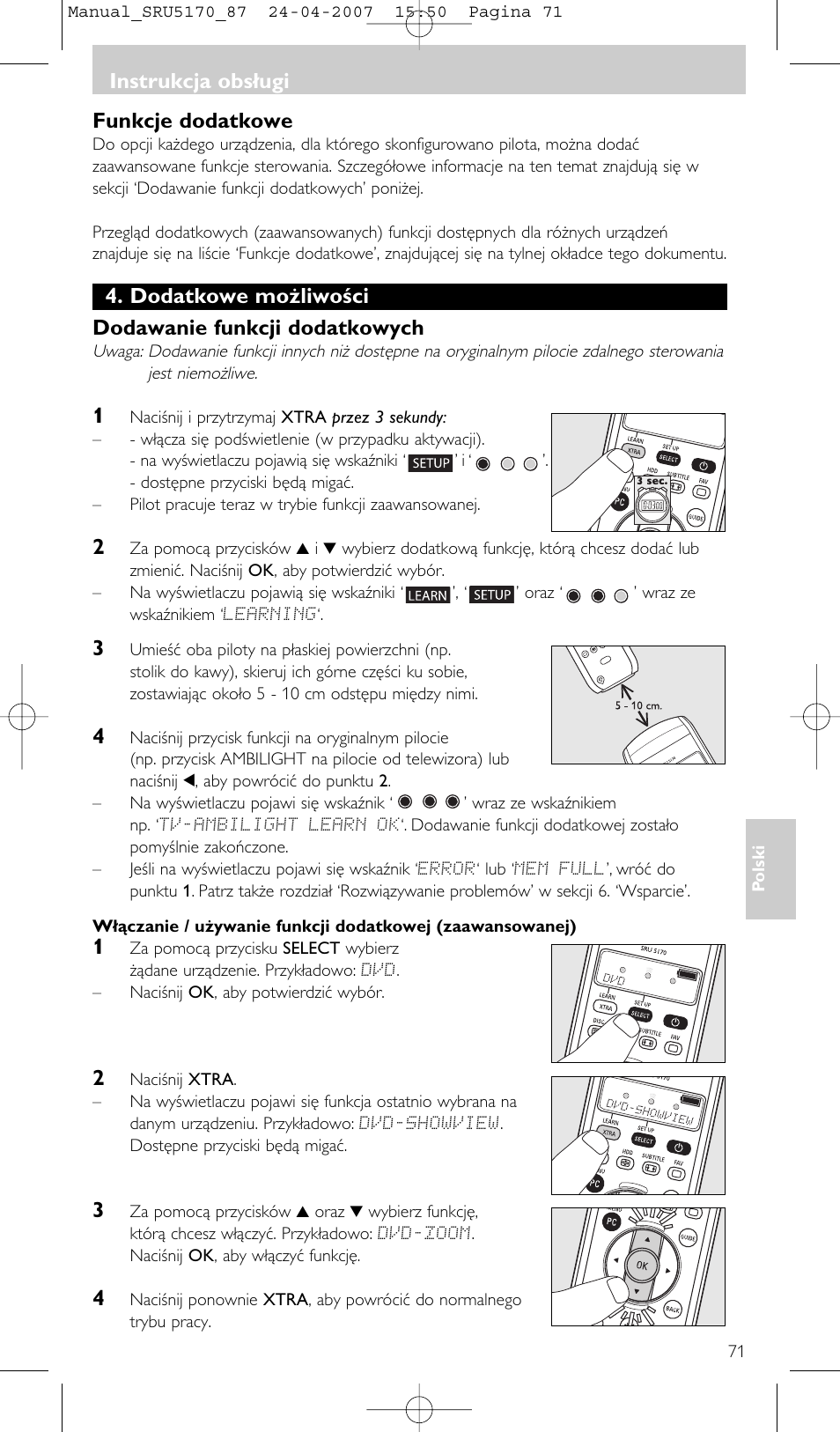 Instrukcja obsługi funkcje dodatkowe, Dodatkowe możliwości dodawanie funkcji dodatkowych, Instrukcja obsługi | Philips SRU5170 User Manual | Page 71 / 80