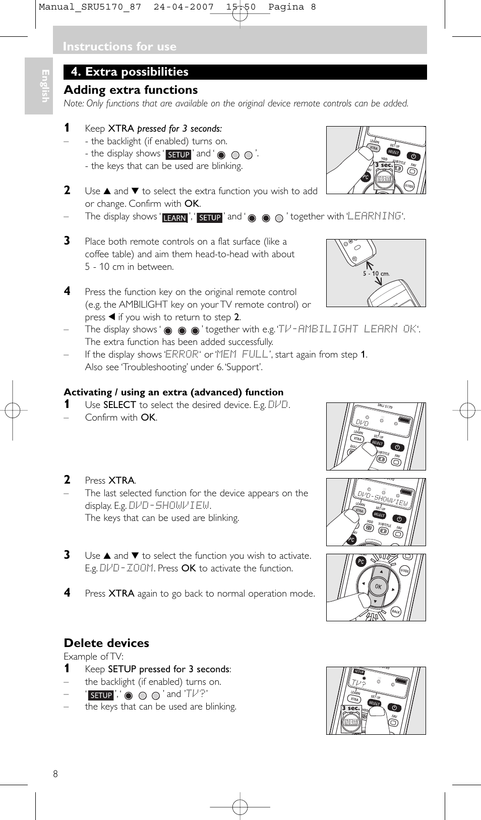 Extra possibilities adding extra functions, Delete devices, Instructions for use | Philips SRU5170 User Manual | Page 8 / 80