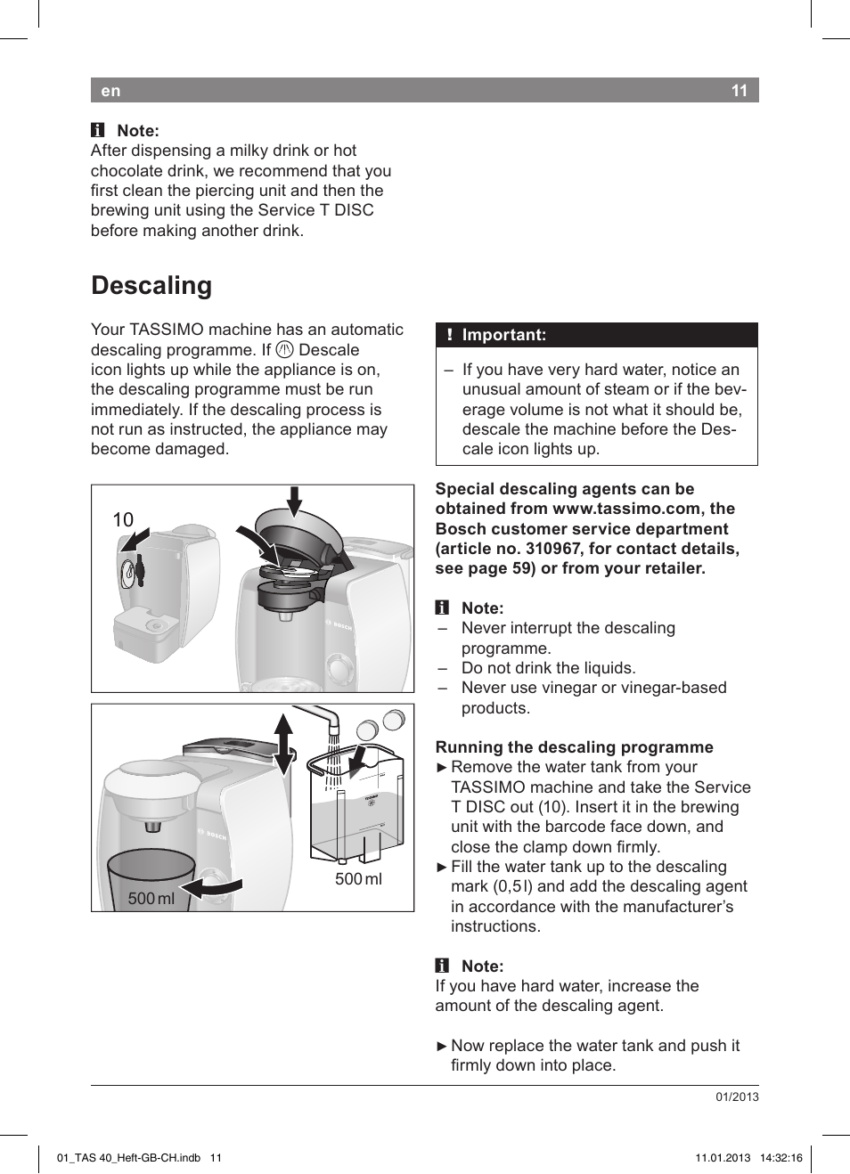 Descaling | Bosch Multigetränkesystem TAS4011 Silk Silver anthrazit User Manual | Page 11 / 58