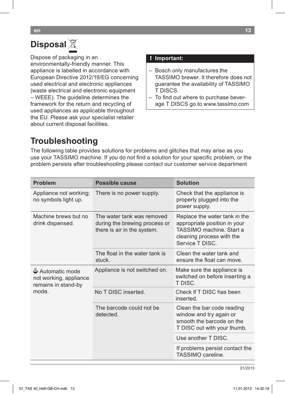 Disposal, Troubleshooting | Bosch Multigetränkesystem TAS4011 Silk Silver anthrazit User Manual | Page 13 / 58