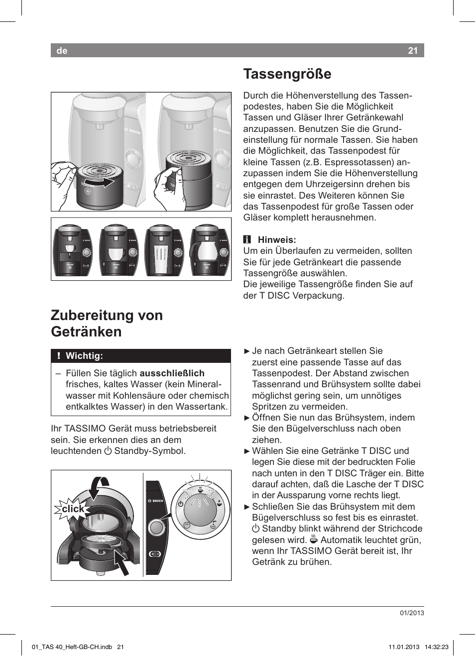 Tassengröße, Zubereitung!von! getränken | Bosch Multigetränkesystem TAS4011 Silk Silver anthrazit User Manual | Page 21 / 58